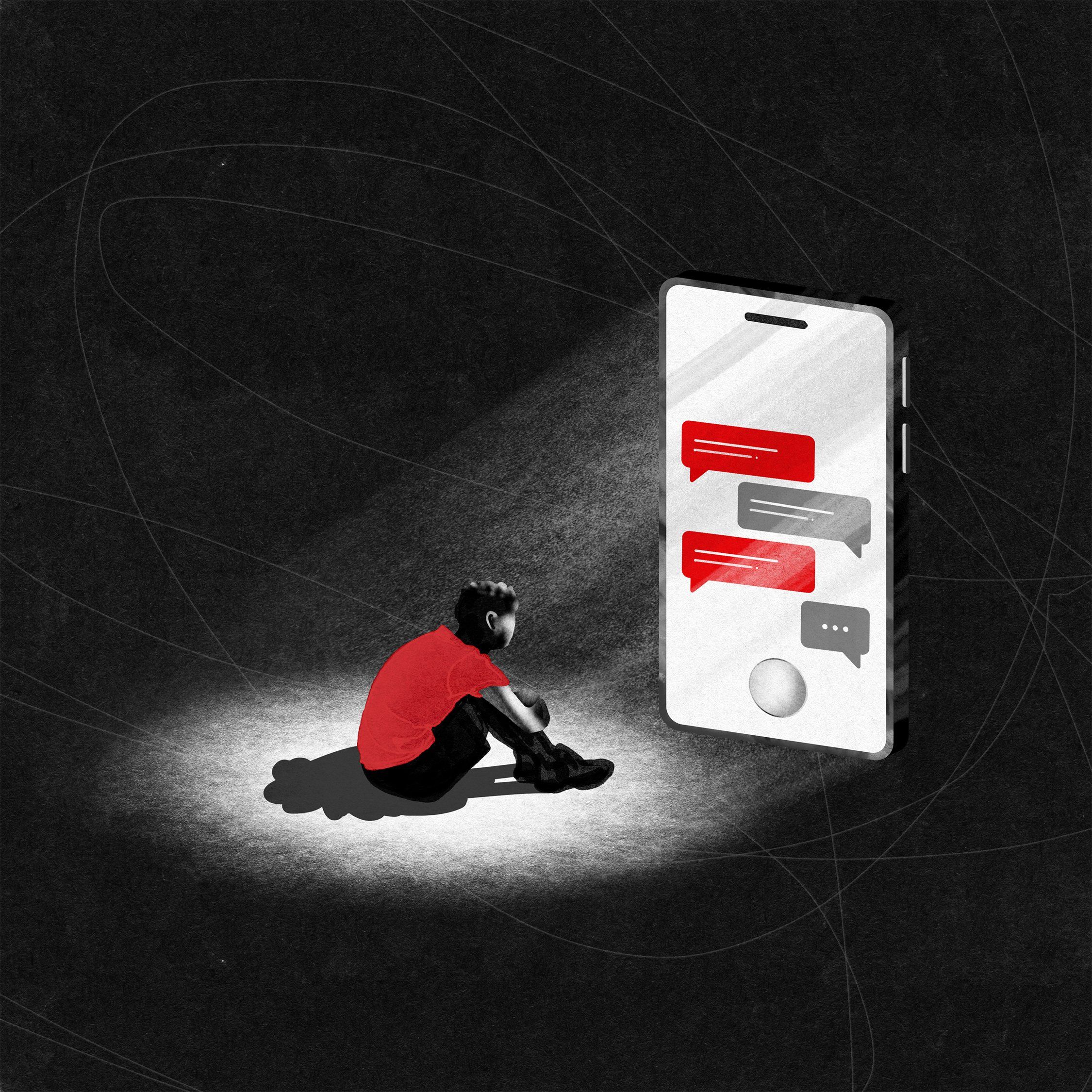 Ciemna grafika: człowiek przed wielkim ekranem telefonu