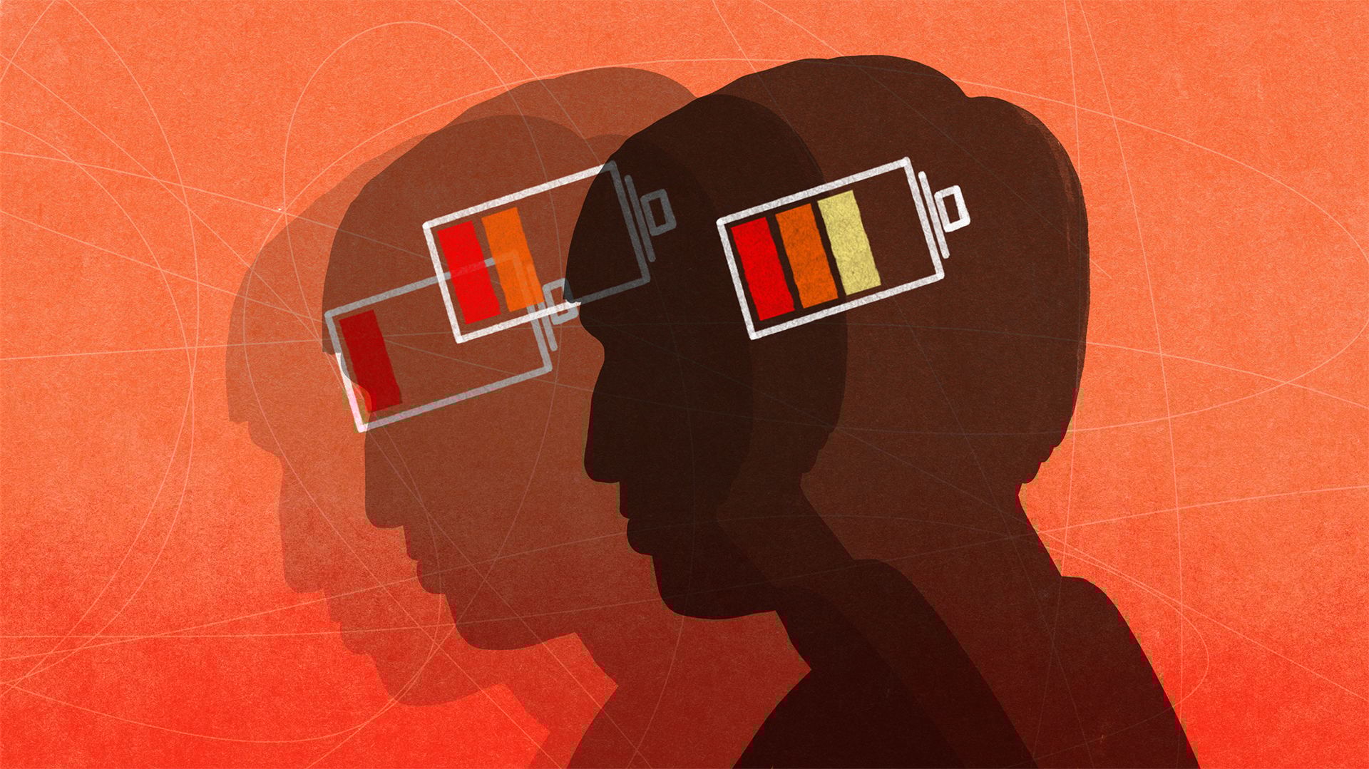 ciemny zarys głoswy człowieka na czerwonym tle, na skroniach coś w rodzaju wskaźników naładowania