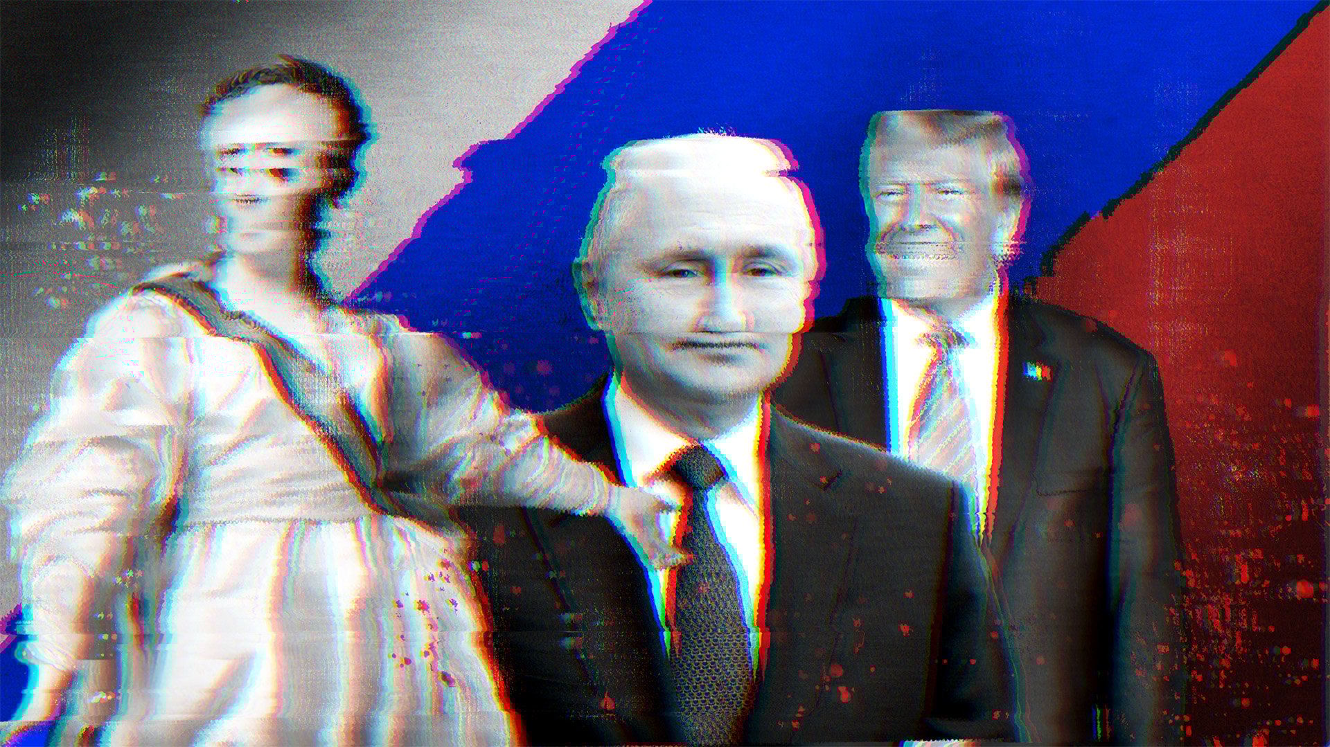 Kolaż przedstawiający Putina, Trumpa i Katarzynę Wielką na tle kolorów rosyjskiej flagi