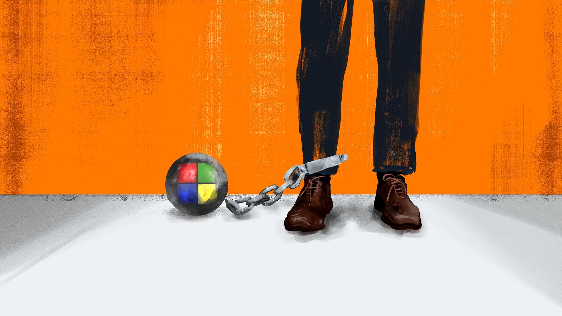 Ilustracja, widoczne są dwie nogi i buty osoby, do jednej z nóg doczepiona jest łańcuchem ciężka kula na której znajduje się logo Microsoft.