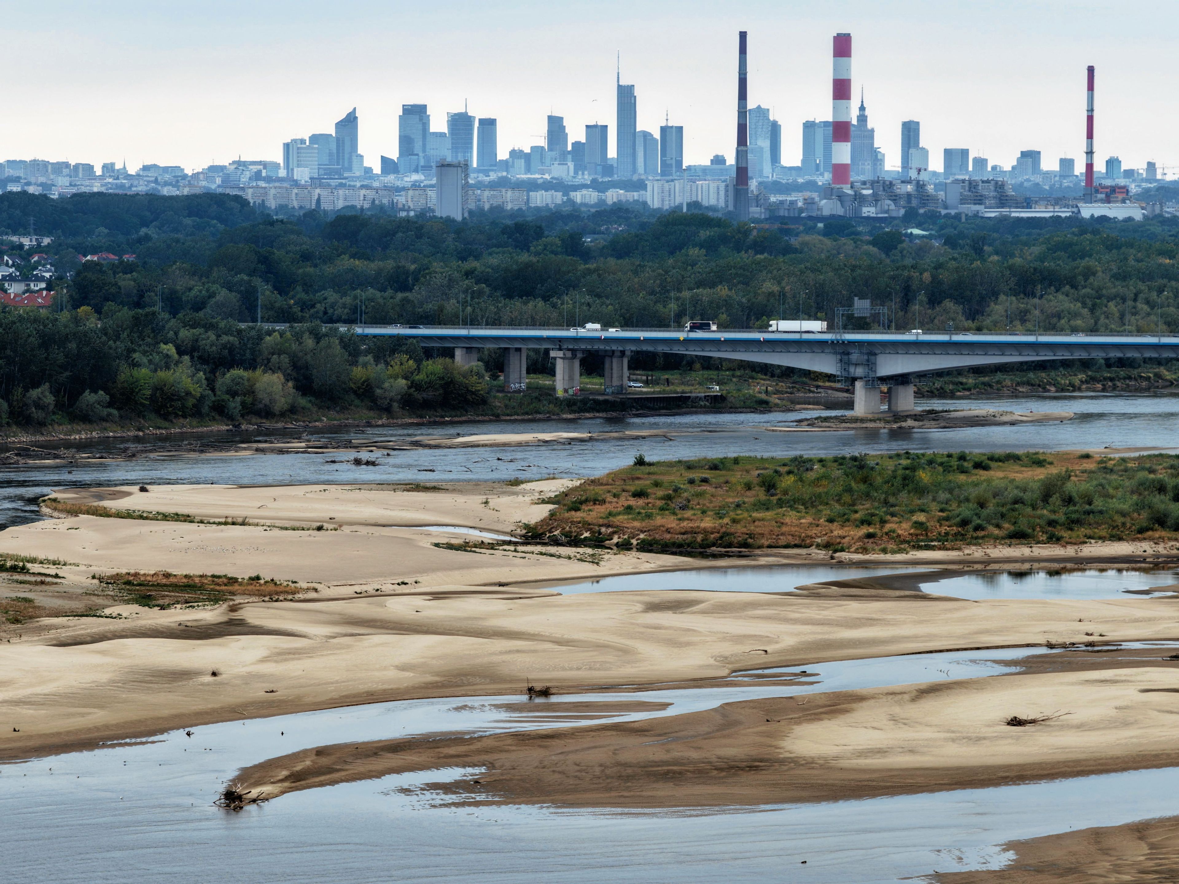 Panorama warszawy, a na pierwszym planie Wisła, w której prawie nie ma wody