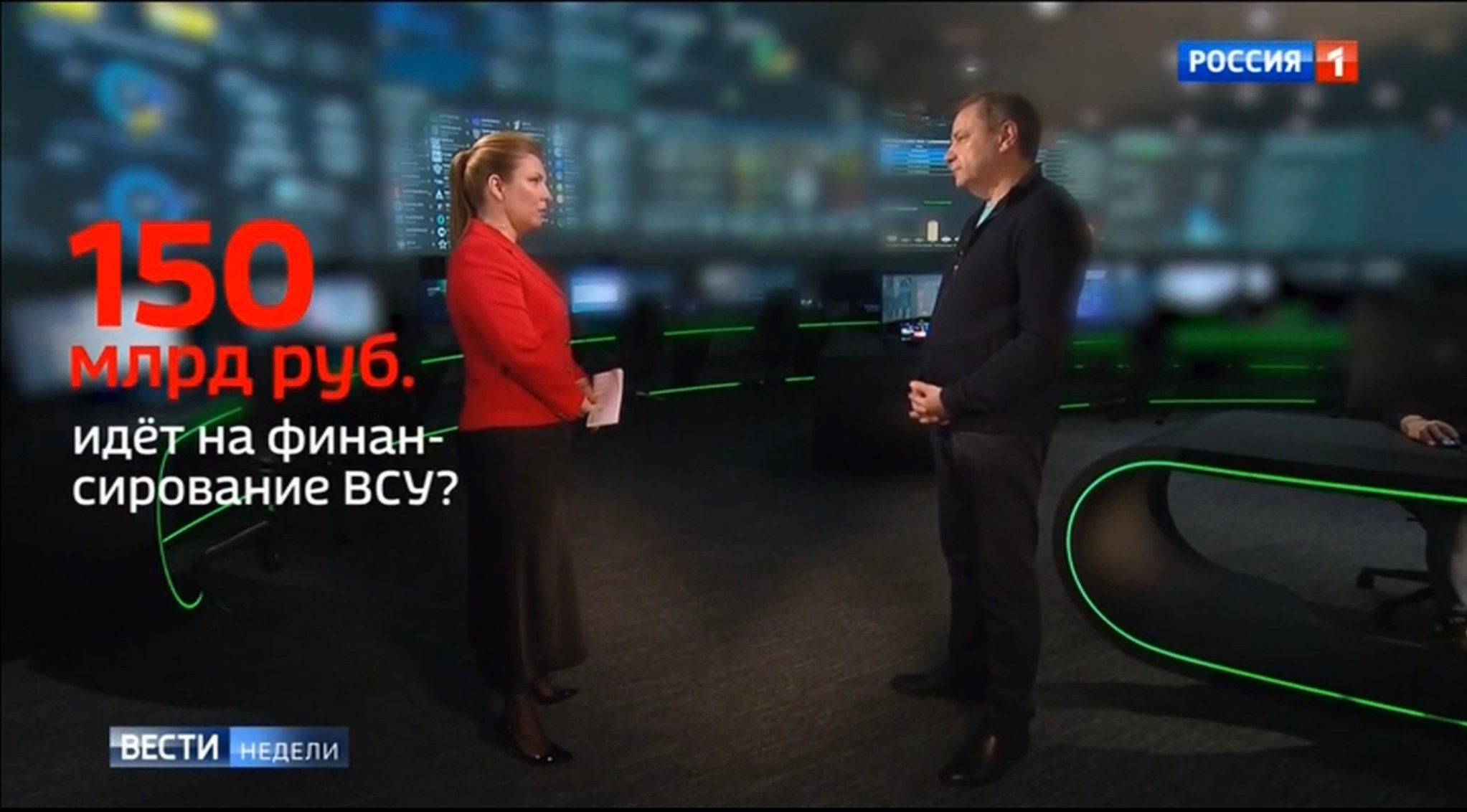 Mężczyzna i kobieta w studio telewizyjnycm. Rosyjski napis 150 miliardów