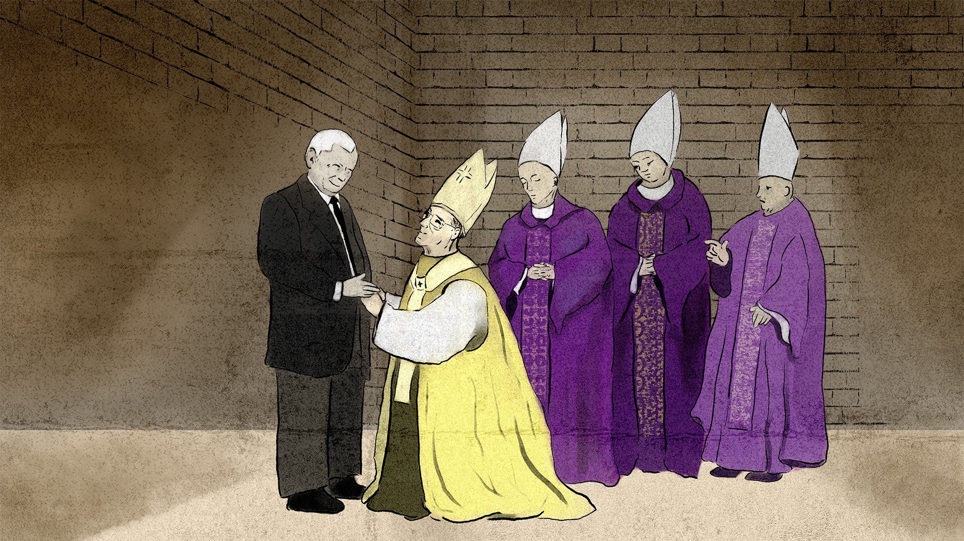 Ilustracja ze sceną stylizowaną na średniowieczny hołd lenny – przed zadowolonym Jarosławem Kaczyńskim klęczy kardynał, w tle biskupi.