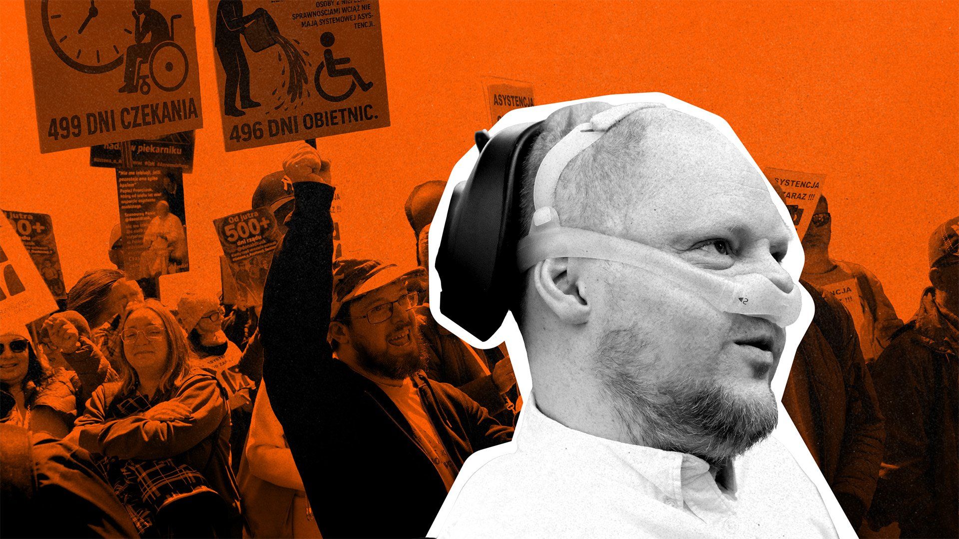 Kolaż przedstawiający Łukasza Krasonia i (w tle) protest w sprawie asystencji osobistej