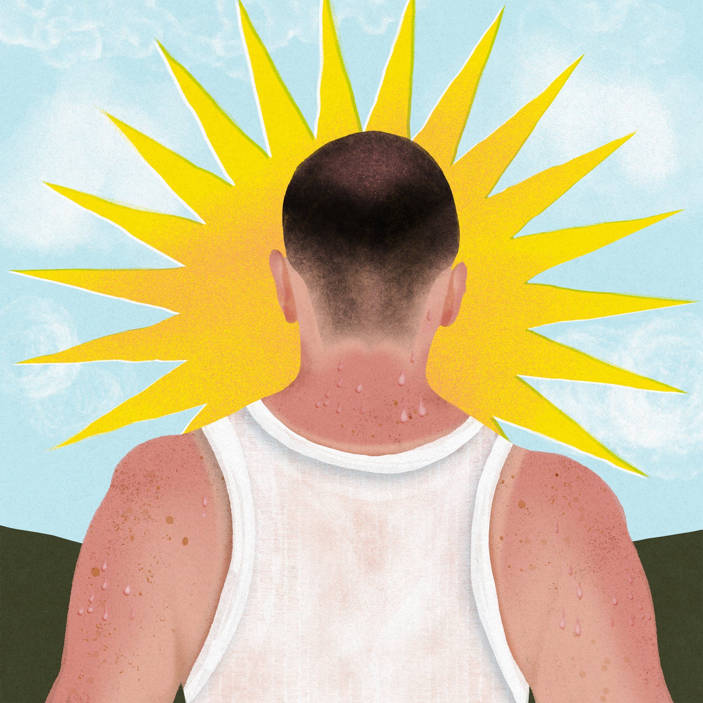 Ilustracja przedstawia odwróconego tyłem mężczyznę w podkoszulku, który patrzy prosto w słońce.