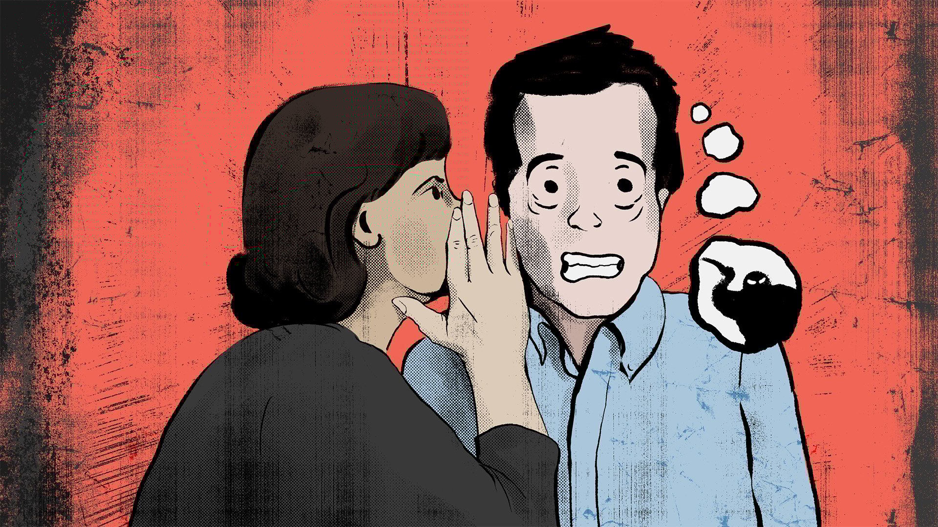 Ilustracja przedstawiająca kobietę szepczącą coś do ucha przerażonemu mężczyźnie, obok mężczyzny komiksowe chmurki, w największej mroczna postać z uniesioną dłonią z nożem.