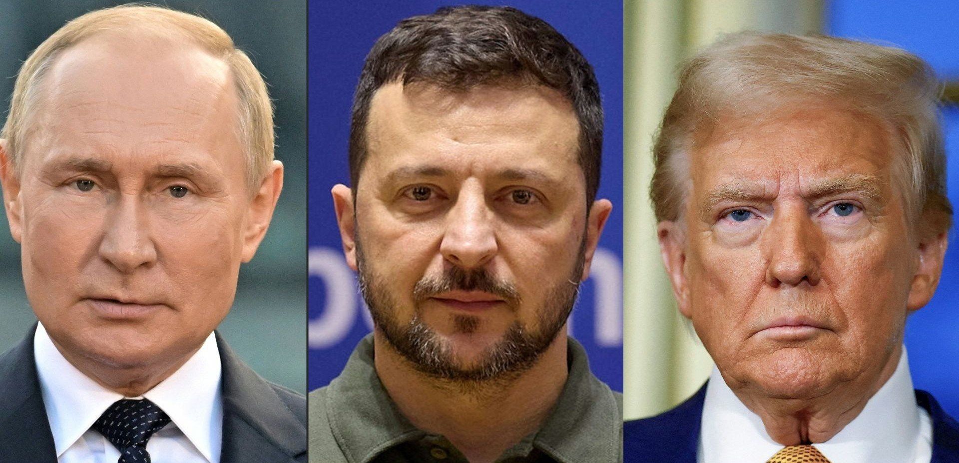 Trzy zdjęcia portretowe: Putina, Żełenskiego i Trumpa. Zełenski w srodku