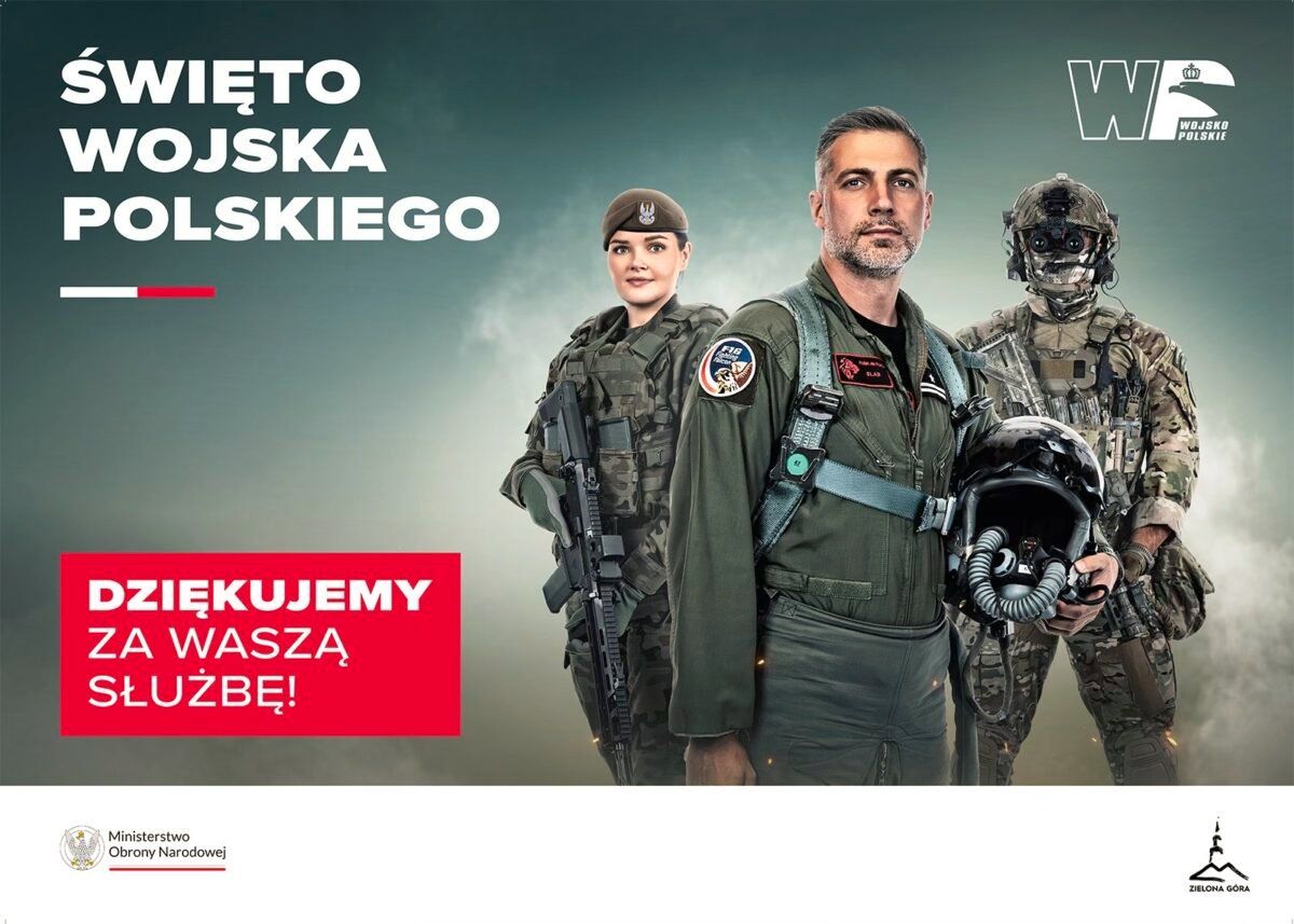 Plakat z lotnikiem, żołnierką i żołnierzem, z napisem „Dziękujemy za waszą służbę"