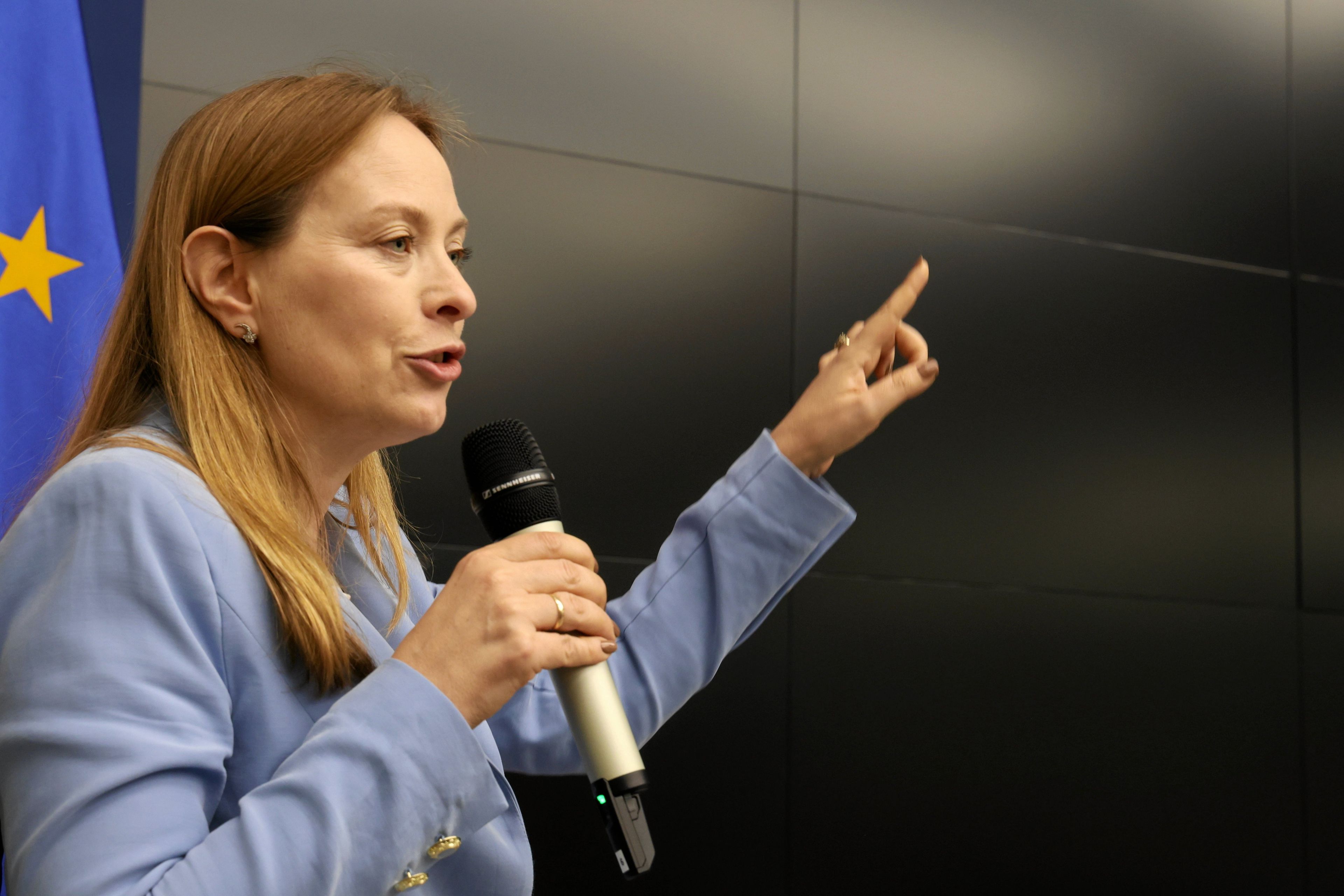 Katarzyna Pełczyńska-Nałęcz na tle unijnej niebieskiej flagi z gwiazdką