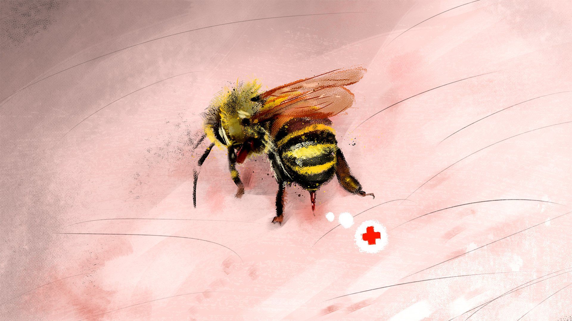 Ilustracja przedstawia pszczołę wbijającą żądło w skórę, obok żądła jest komiksowy dymek z symbolem czerwonego krzyżyka.