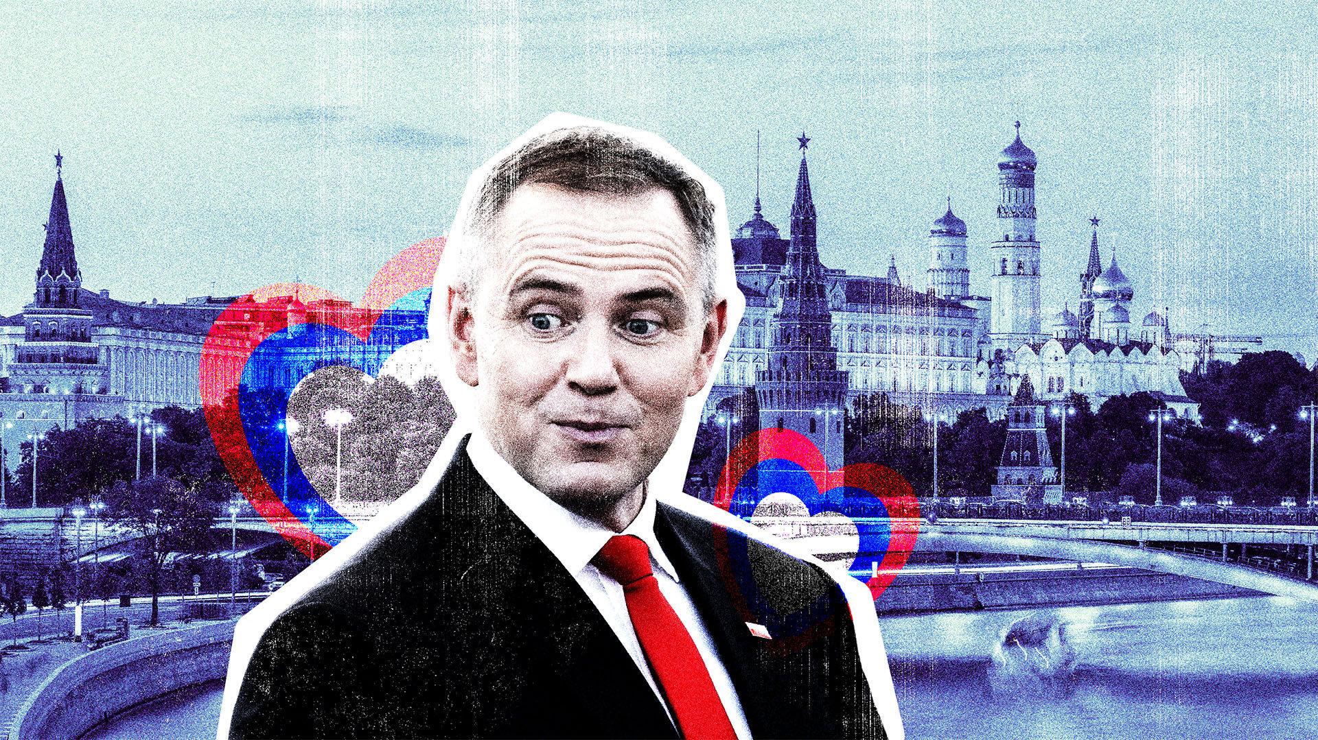 Grafika: Zdjęcie zaskoczonego Karola Nawrockiego, w tle serduszka w kolorach rosyjskiej flagi oraz zdjęcie panoramy Kremla.