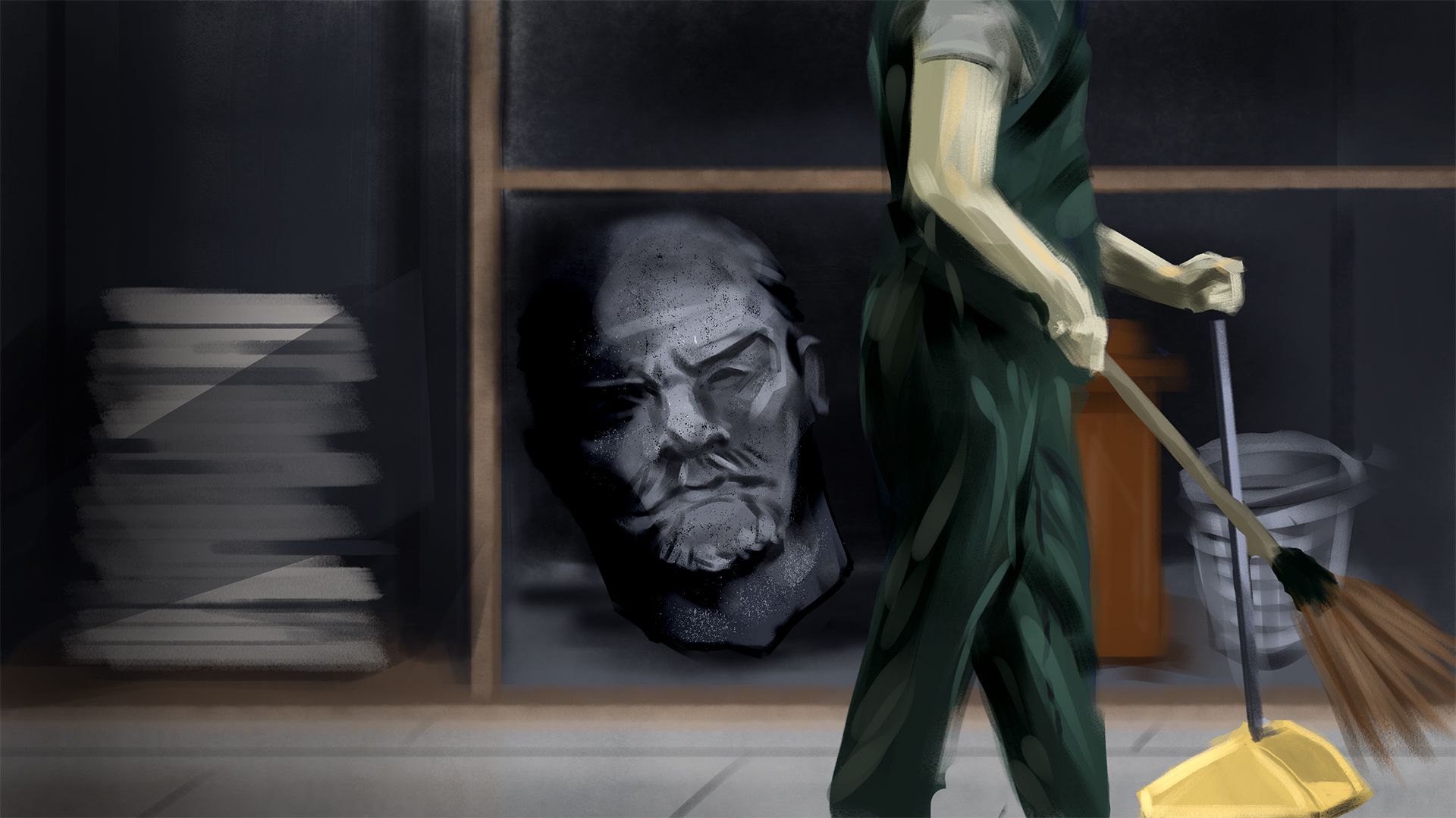 Ilustracja, na pierwszym planie osoba w roboczym stroju zamiata podłogę, w tle szafki, w jednej z nich kamienna głowa Lenina.