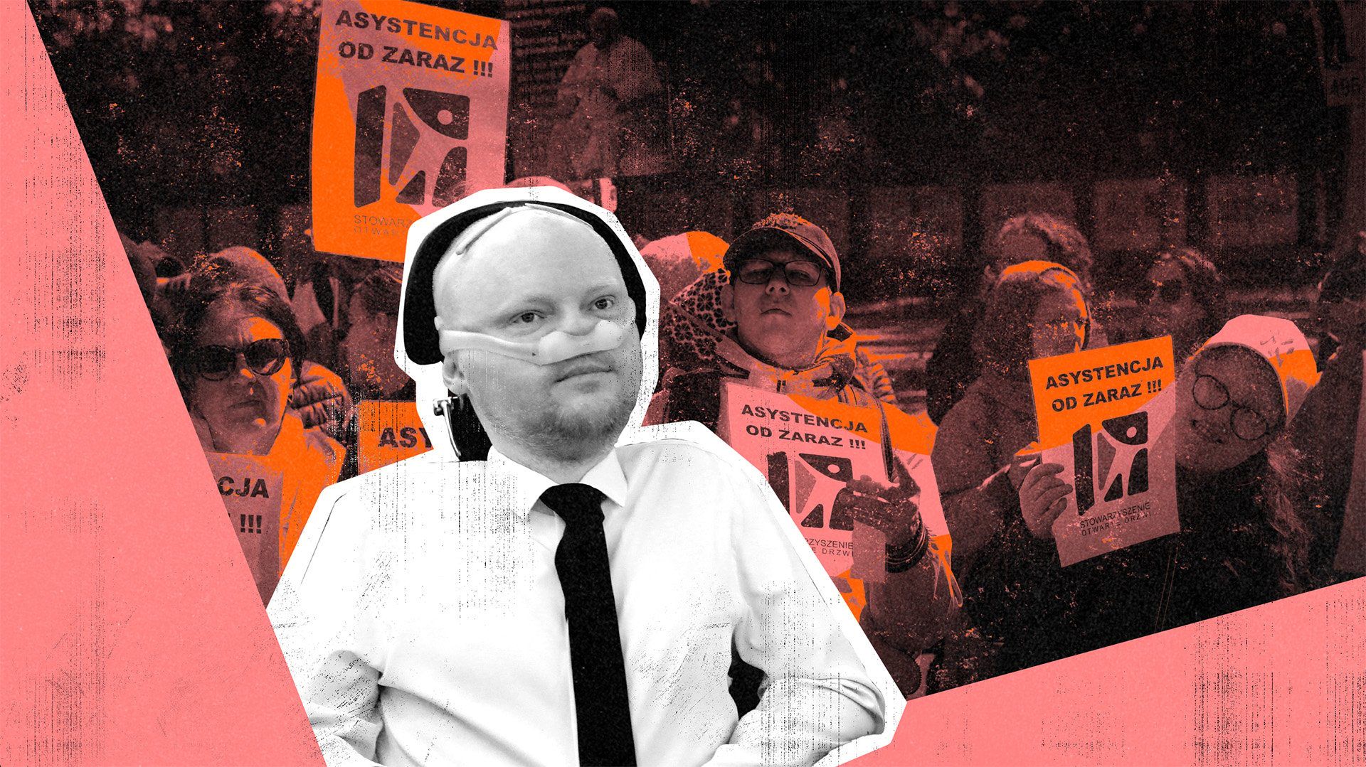 Grafika. Mezczyzna na wózku, z aparatem tlenowym [Min. Krasoń] i protestujący ludzie z transparentami "asystencja osobosta"