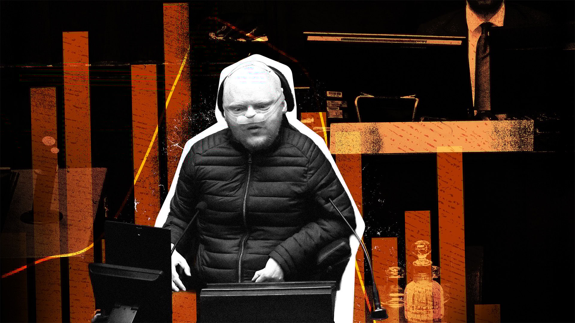 Kolaż – zdjęcie Łukasza Krasonia na mównicy sejmowej, w tle słupki i linie wykresów