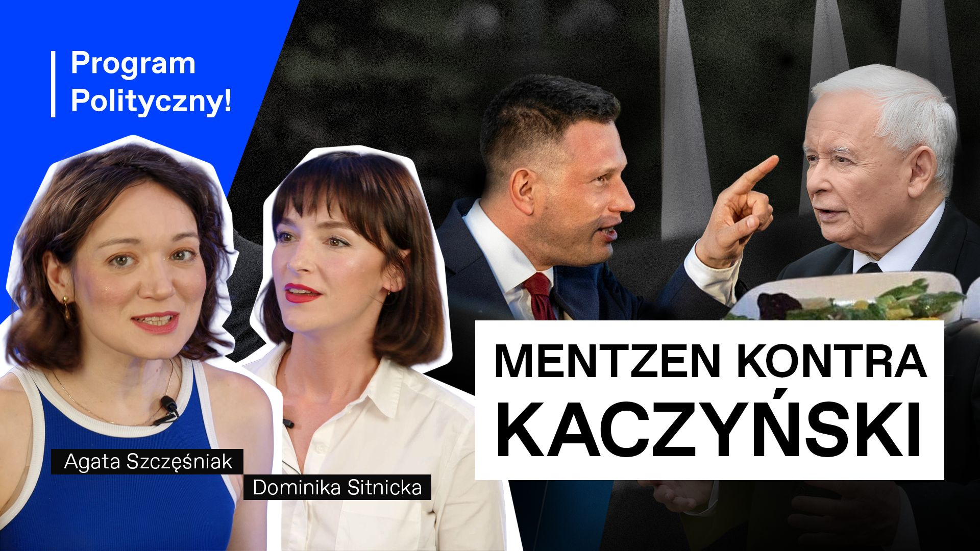 Program Polityczny, od lewej: Agata Szczęśniak, Dominika Sitnicka, Sławomir Mentzen wskazuje palcem, Jarosław Kaczyński