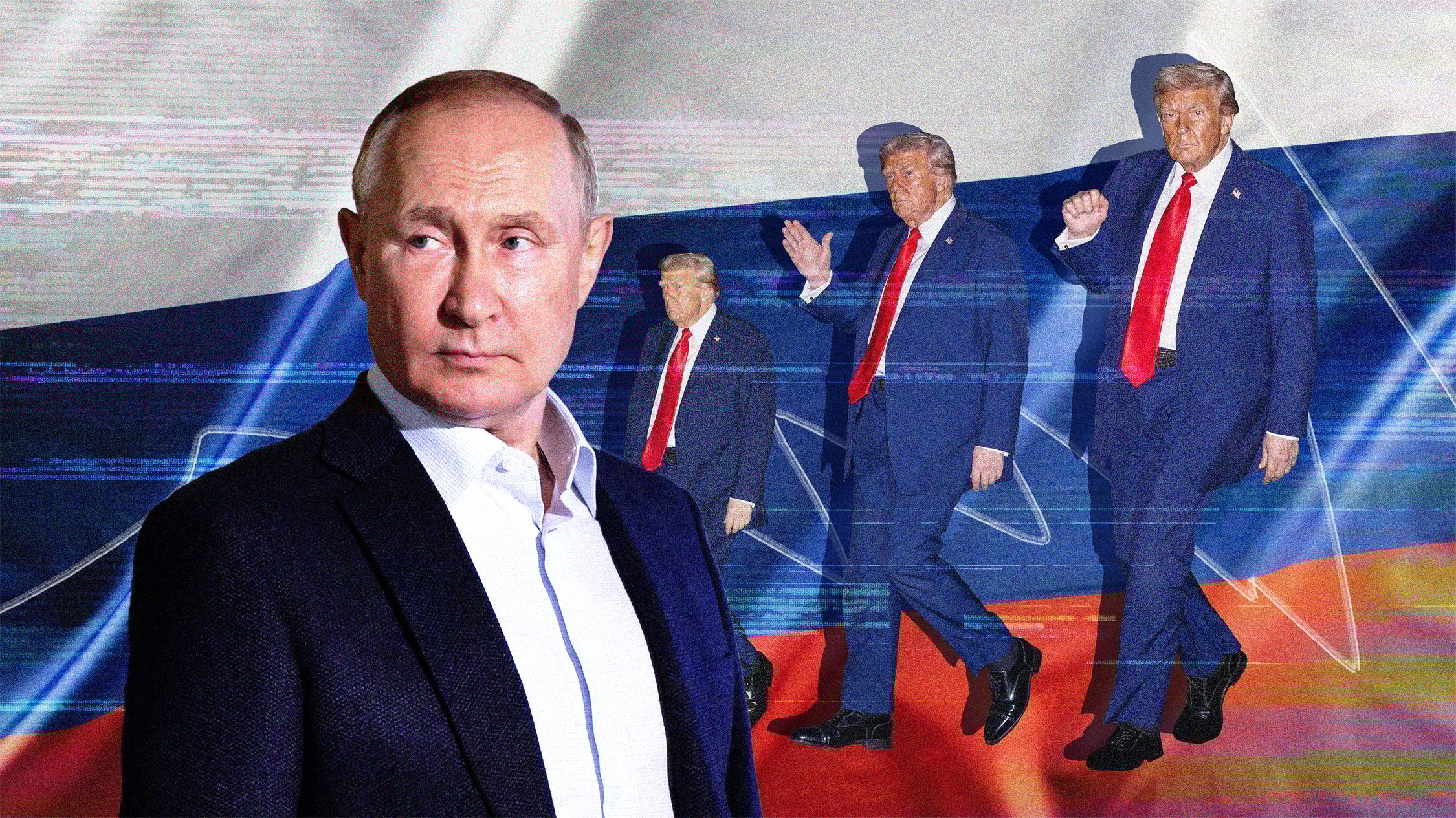 Graika: Putin i sylwetki gestykulującego Trumpa w tle