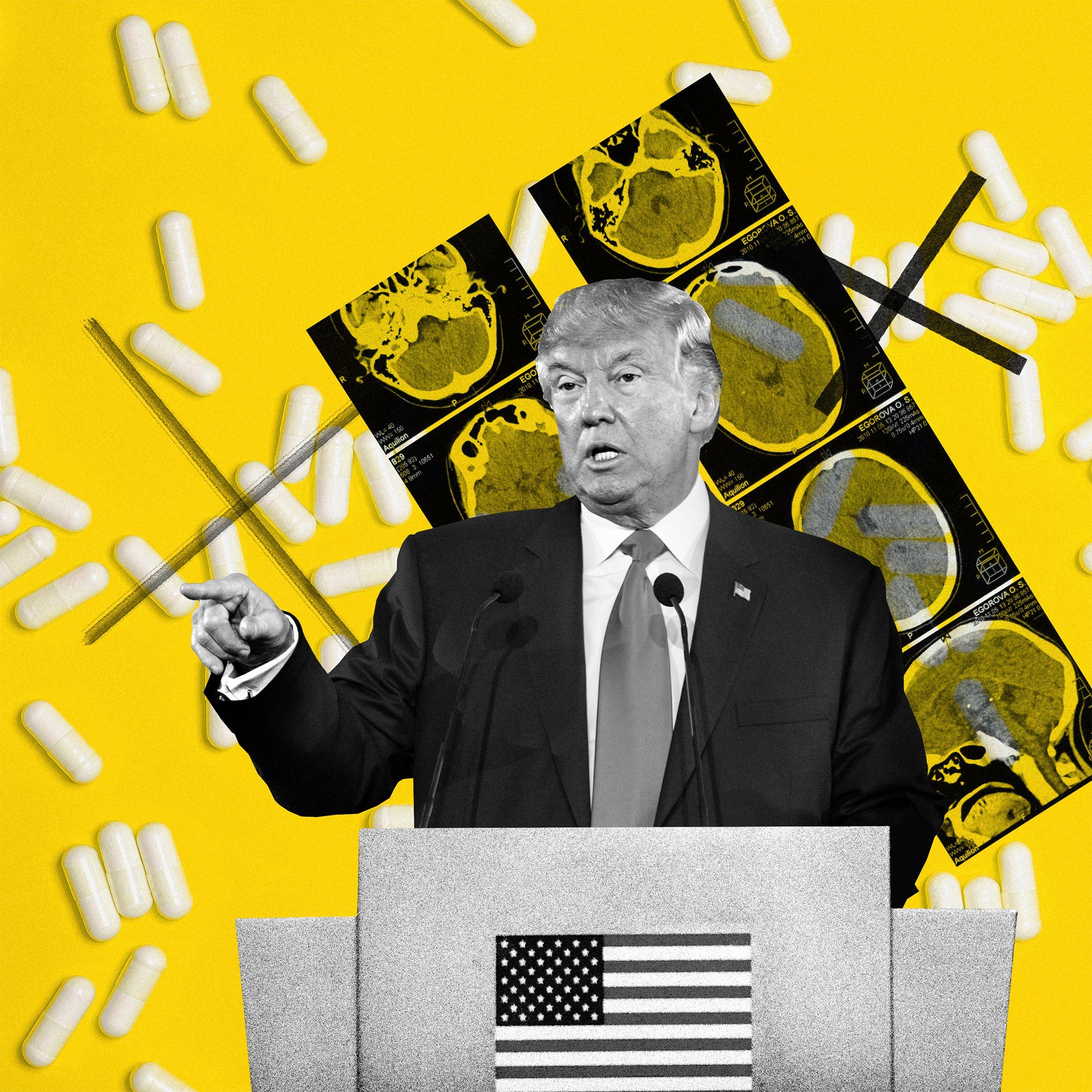 Ilustracja przedstawia przemawijącego Donalda Trumpa na tle tabletek i skanów mózgu