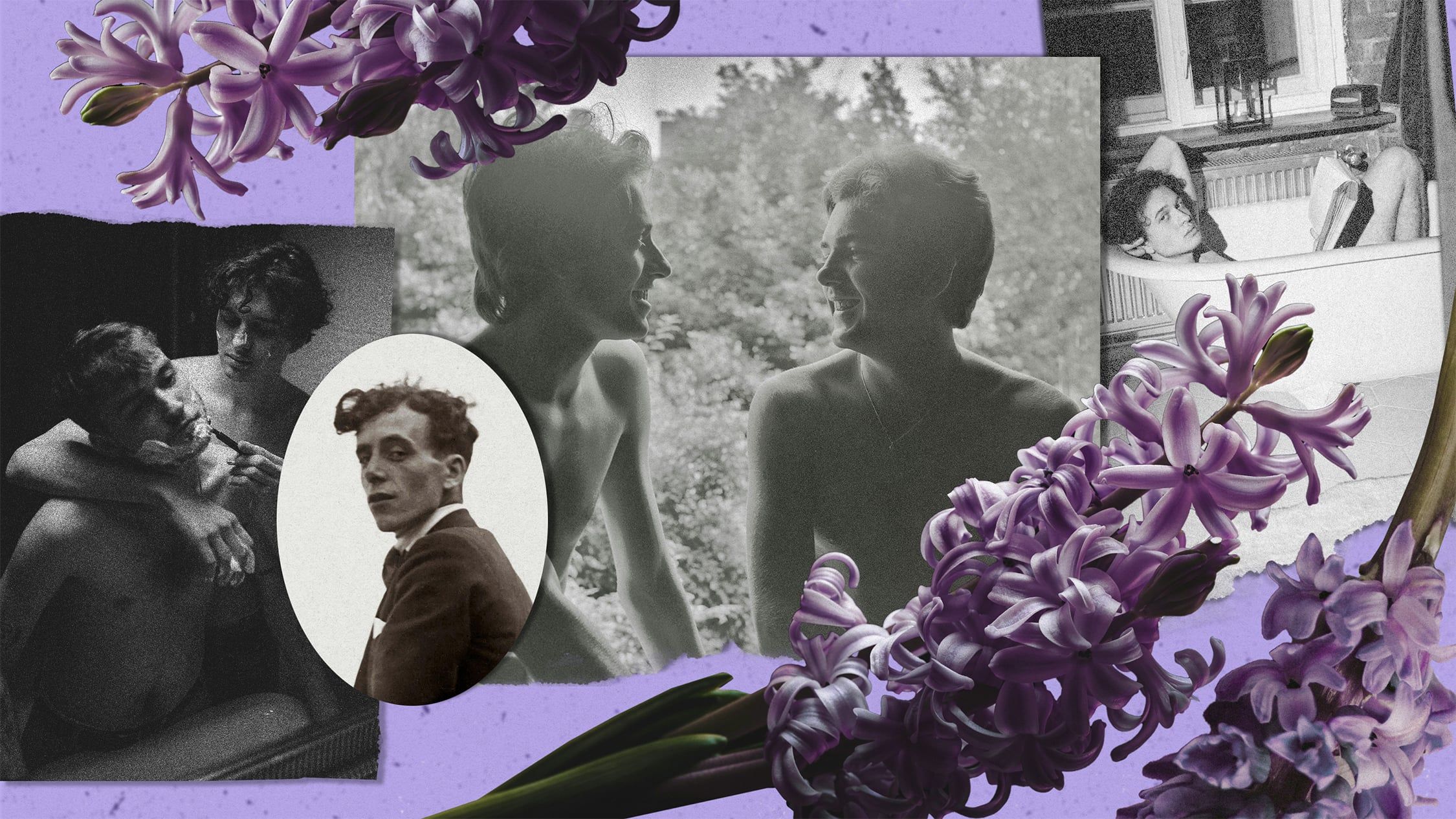 Kolaż przestawia zdjęcia homoerotyczne z dwudziestolecia i okresu PRL na tle fioletowych hiacyntów.