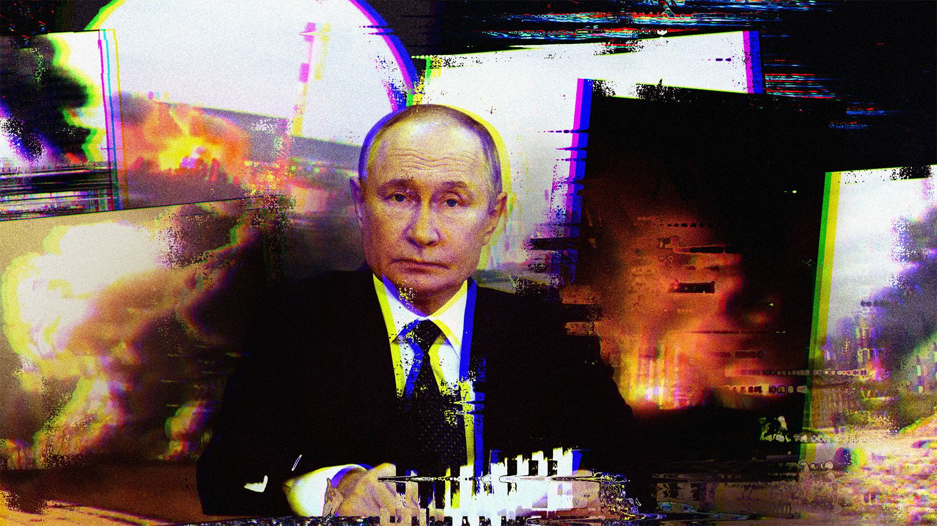 Grafika. Zdjęcie Władimira Putina, w tle zdjęcia płonących rosyjskich rafinerii