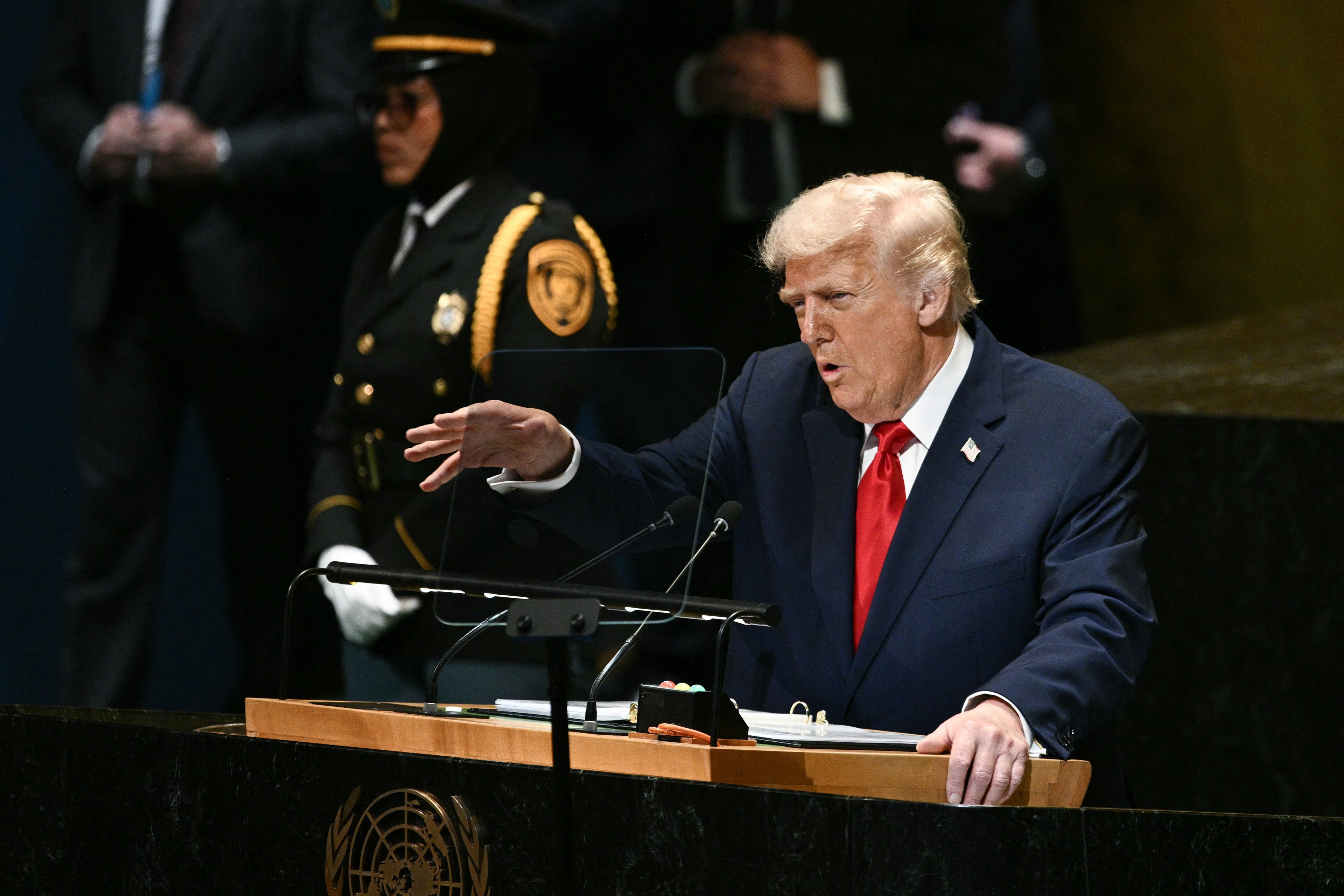US President Donald Trump delivers remarks to the United Nations General Assembly at the UN headquarters in New York City on September 23, 2025. (Photo by Brendan SMIALOWSKI / AFP)