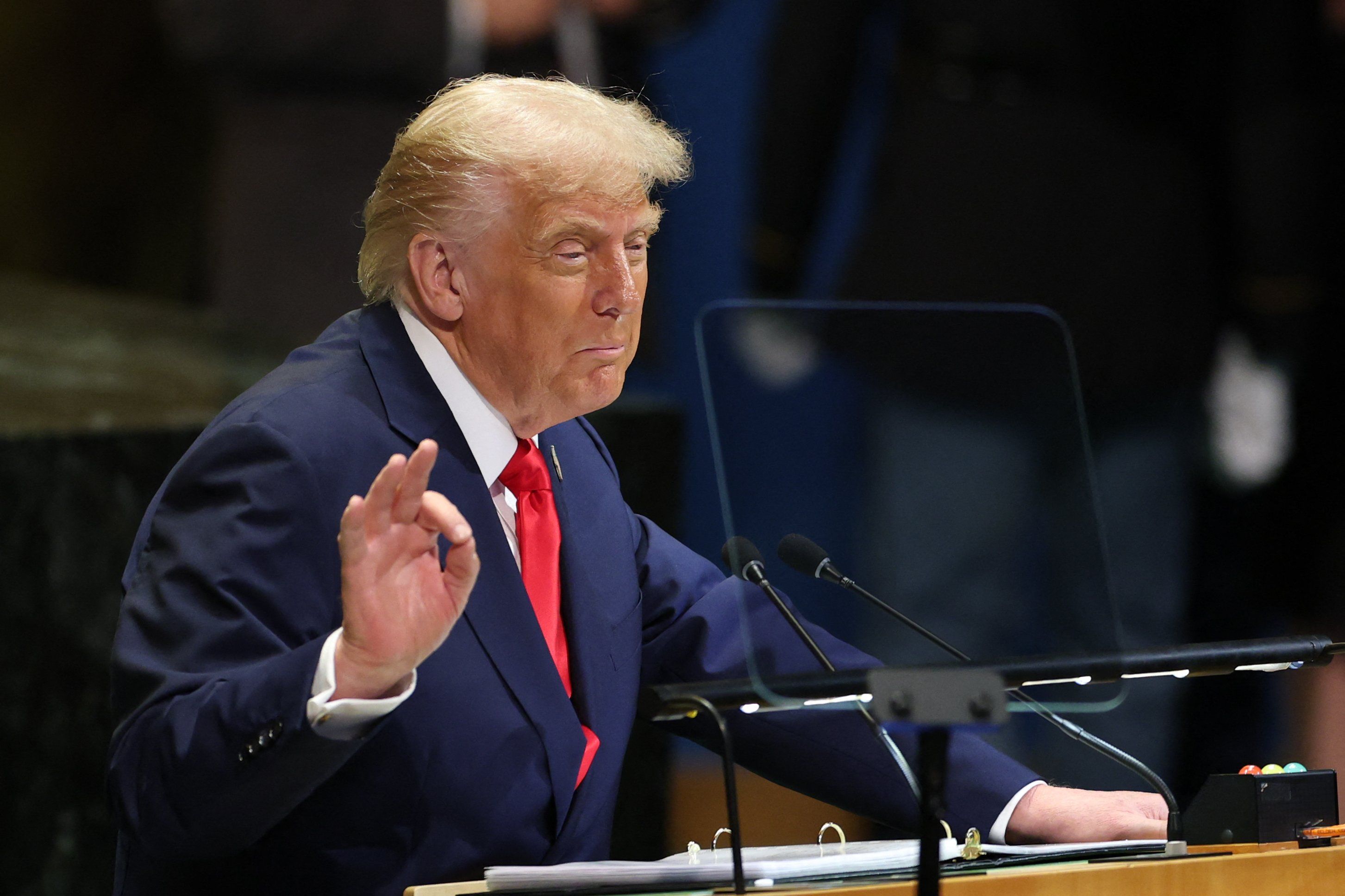 US President Donald Trump delivers remarks to the United Nations General Assembly at the UN headquarters in New York City on September 23, 2025. (Photo by ANGELA WEISS / AFP)