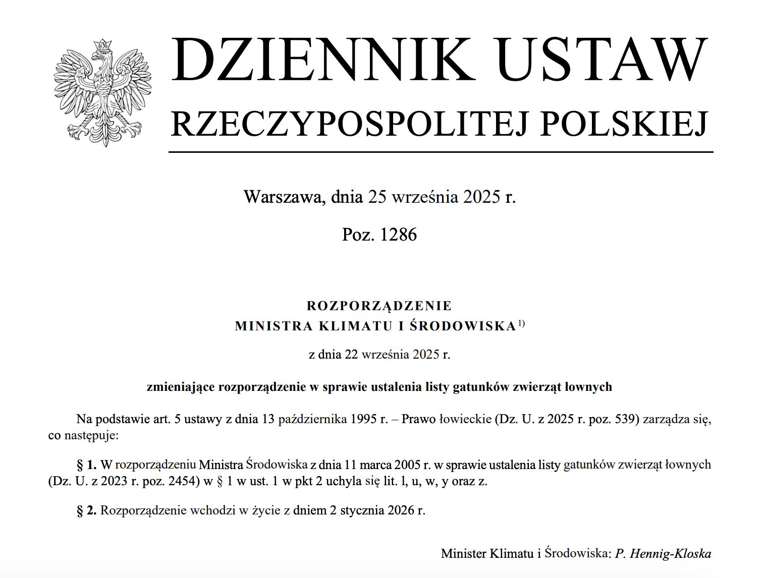 screen z dziennika ustaw z zapisem rozporządzenia