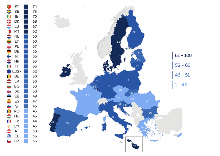 Mapka, która przedstawia Europę, w różnych odcieniach niebieskiego zaznaczone są kraje należące do UE. Użyty odcień niebieskiego - od jasnego do granatowego oznacza odsetek pozytywnych opinii o UE wyrażonych przez respondentów w wiosennym badaniu Eurobarometr 2025.