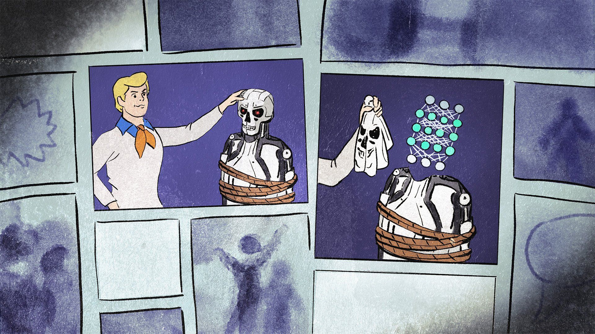 Ilustracja w formie komiksu, w pierwszej ramce postać Freda z kreskówki "Scooby Doo" łapie za głowę związanego robota przypominającego Terminatora. W drugiej ramce ręka Freda trzyma maskę z twarzą robota, natomiast robot zamiast głowy ma model matrycy (kropki powiązane ze