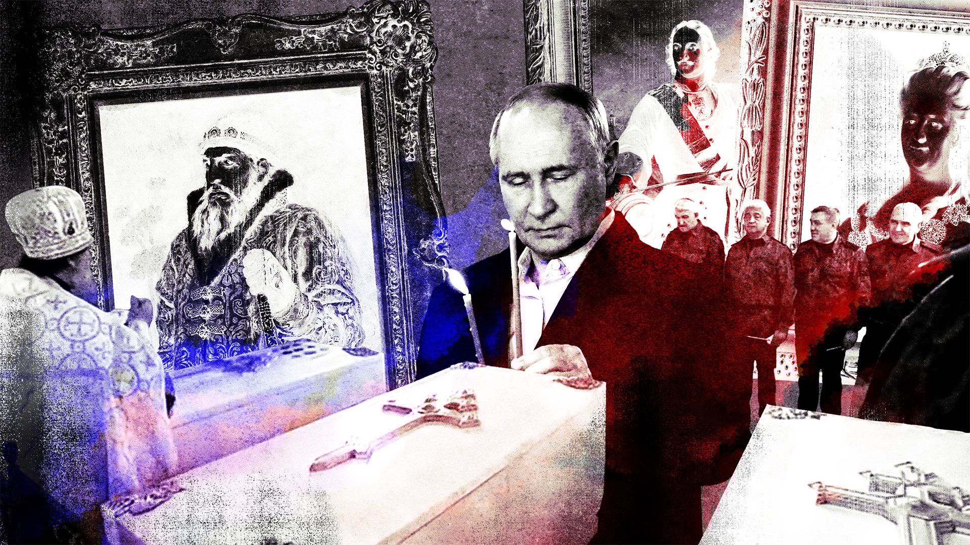 Kolaż zdjęć – prawosławny duchowny stoi nad grobami carów, Putin zapala świeczkę, w tle wojskowi ustawieni w rządku oraz portrety carów.
