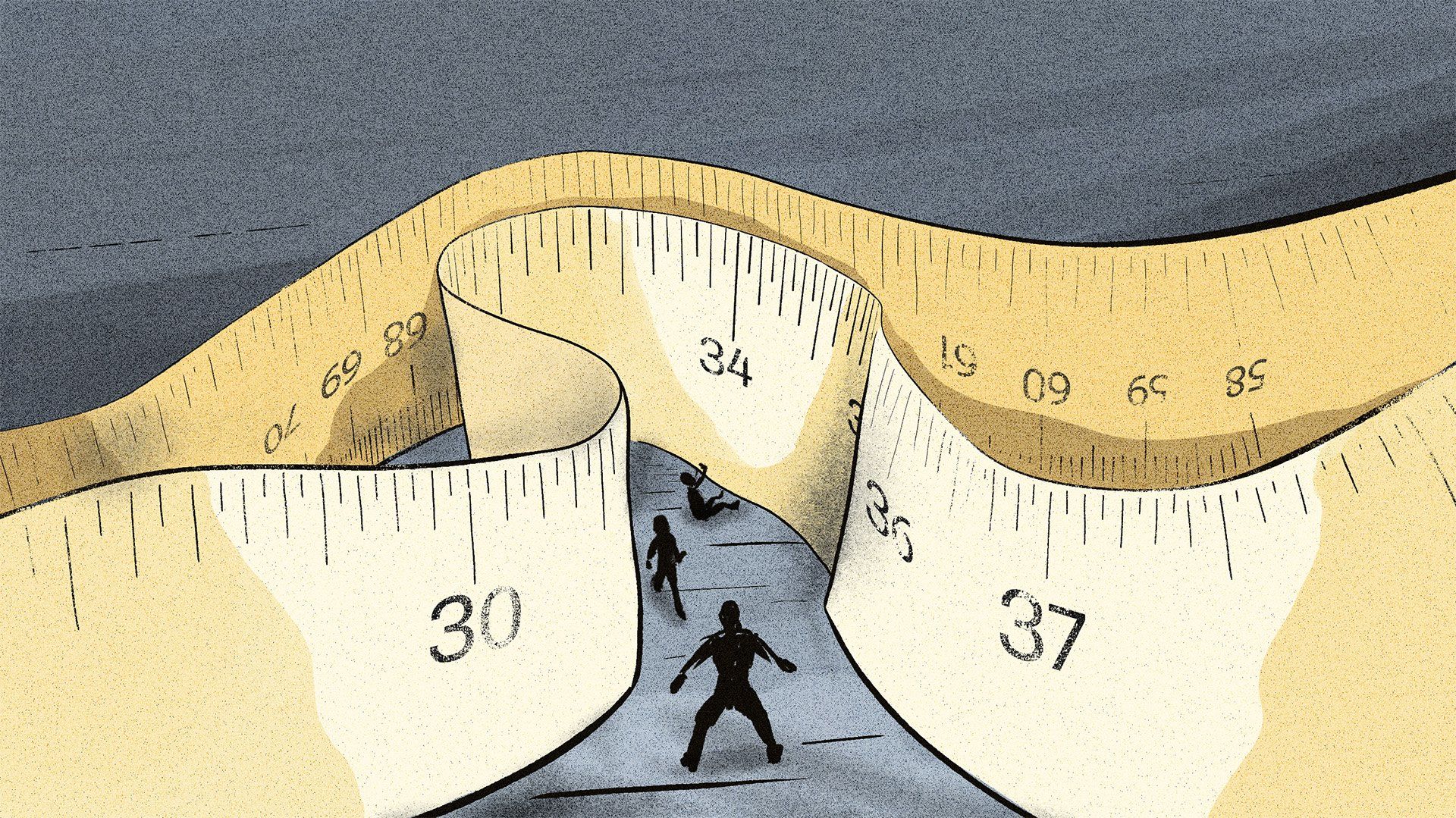 Ilustracja: Trzy postacie w dramatycznych pozach w labiryncie z wielkiej miarki