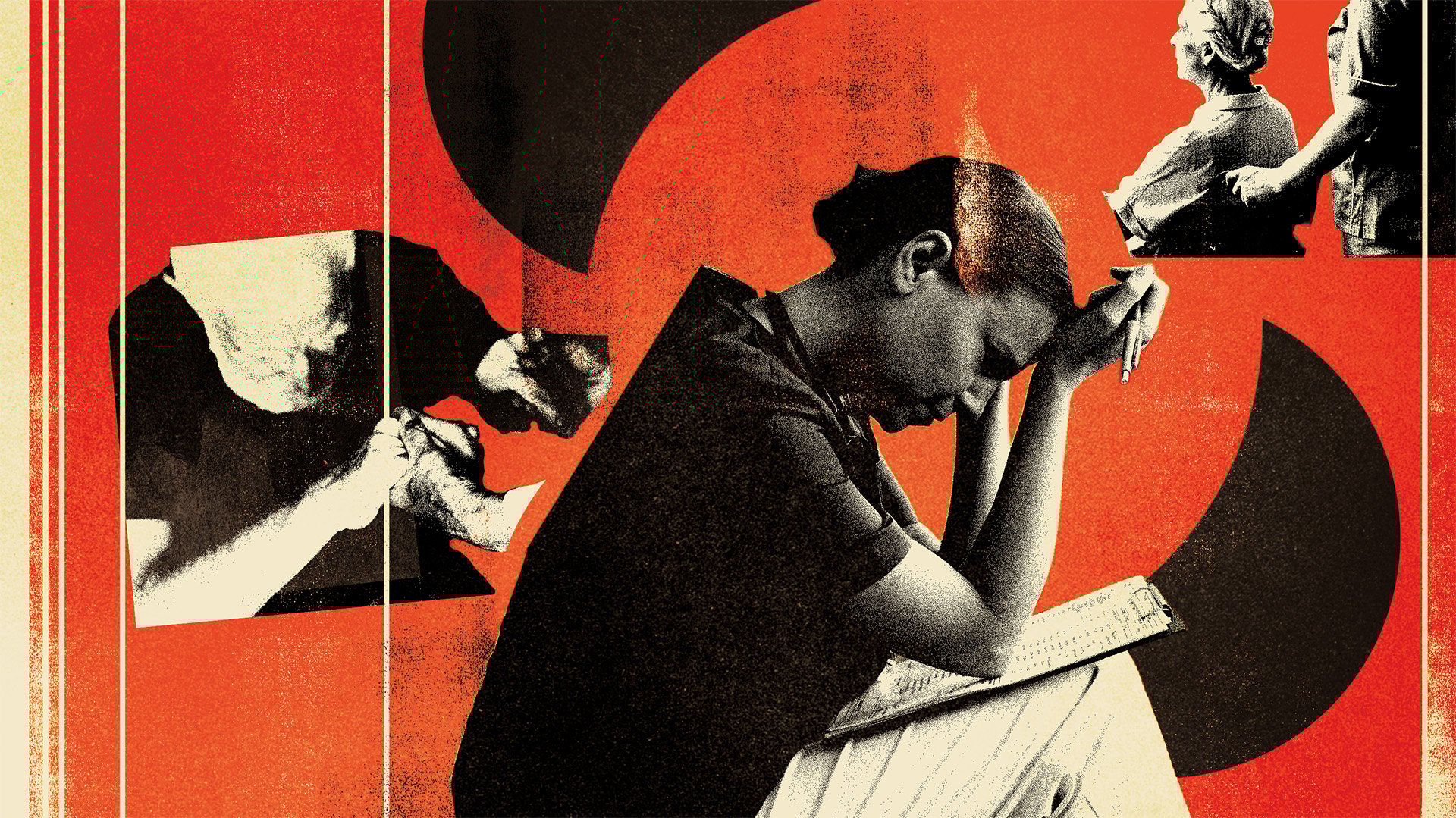 Kolaż przedstawiający zmęczoną kobietę, z głową opartą o dłonie, na drugim planie zdjęcie starszego mężczyzny któremu ktoś pomaga wstać oraz kobiety na wózku.