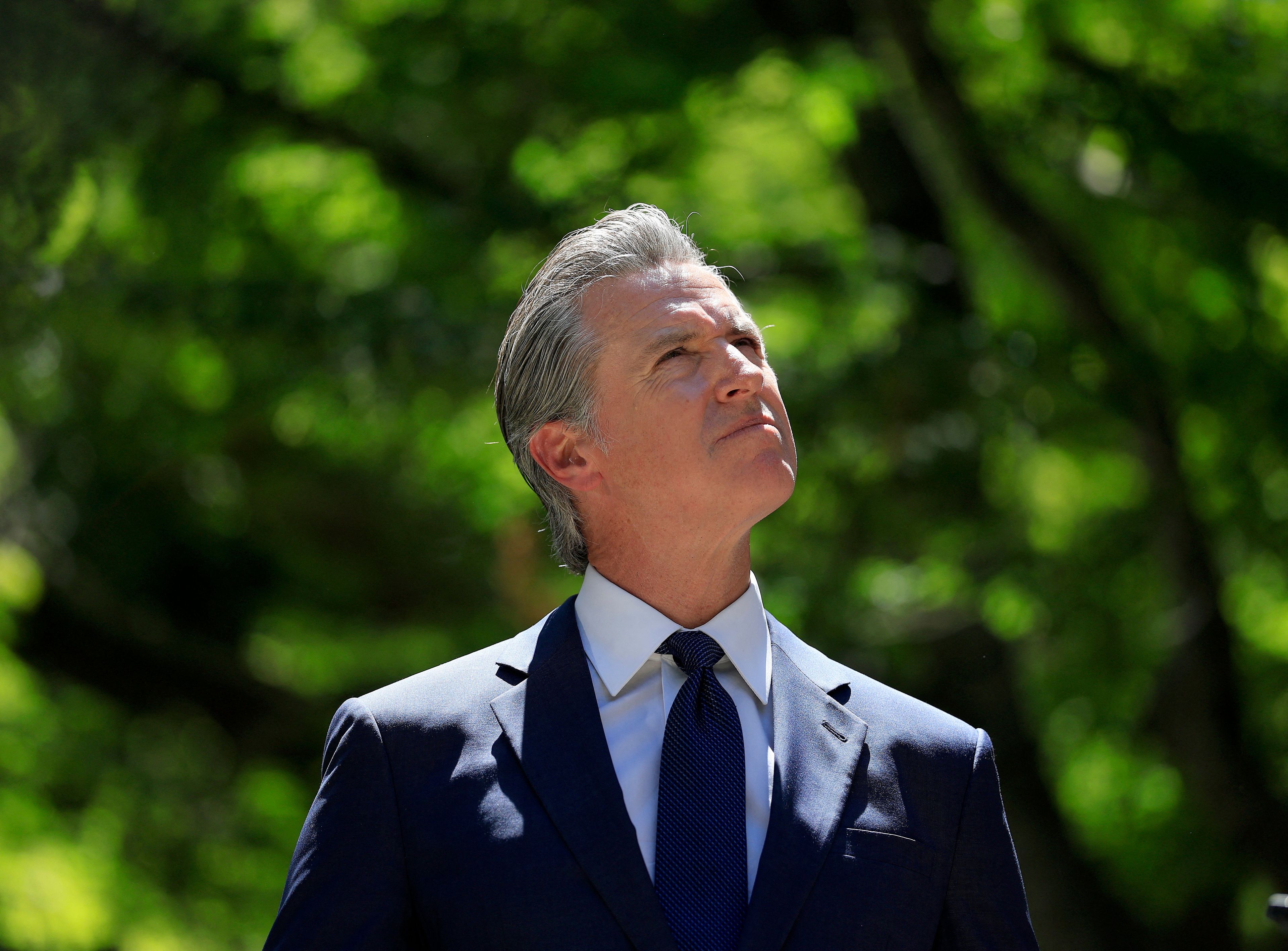 Szpakowaty męzczyzna w garniturze stoi na tle zieleni i patrzy w górę