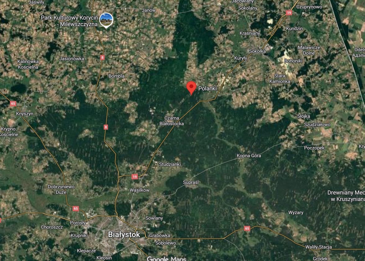 Mapa pokazująca połozenie Polanek - na północ od Białegostoku