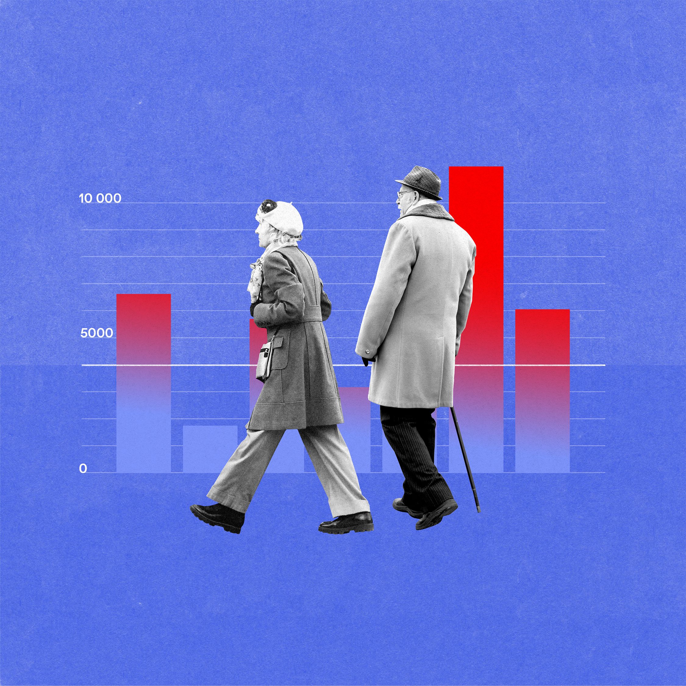 Niebieska grafika z sylwetkami spacerujących ludzi