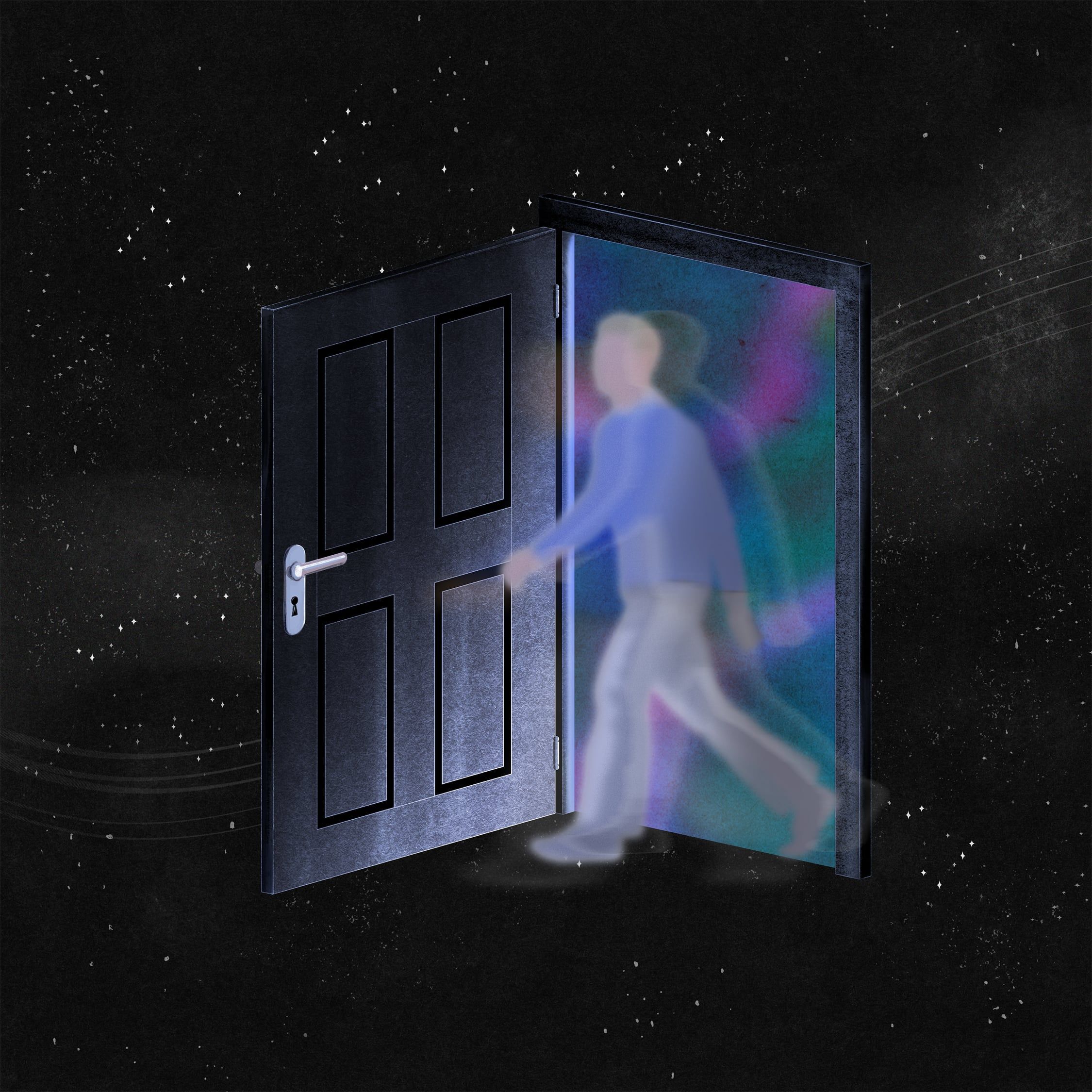 Grafika: przez drzwi w ciemnościach wchodzi człowiek-zjawa