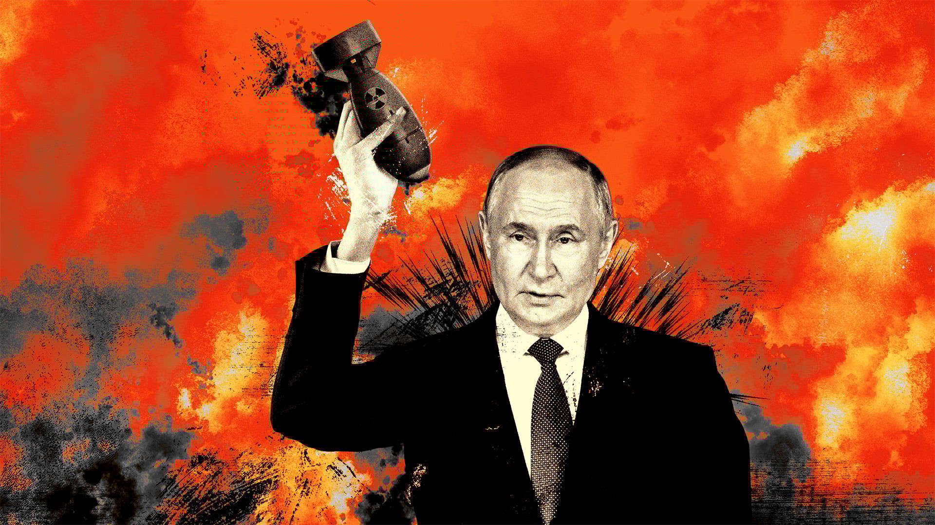 Kolaż: Władimir Putin trzyma w podniesionej dłoni bombę z symbolem radioaktywności.
