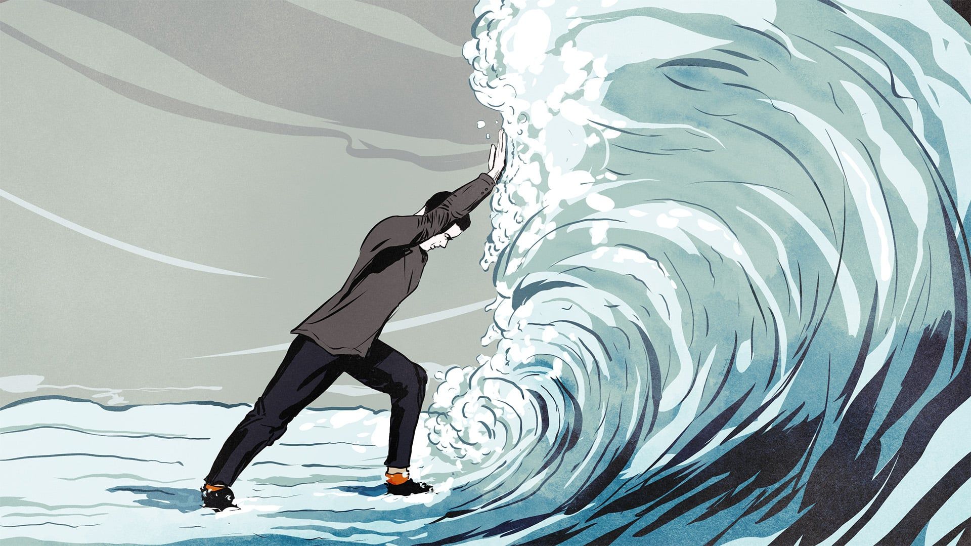 Ilustracja – postać mężczyzny stoi przed wielką falą i powstrzymuje ją z wielkim wysiłkiem swoimi rękoma.