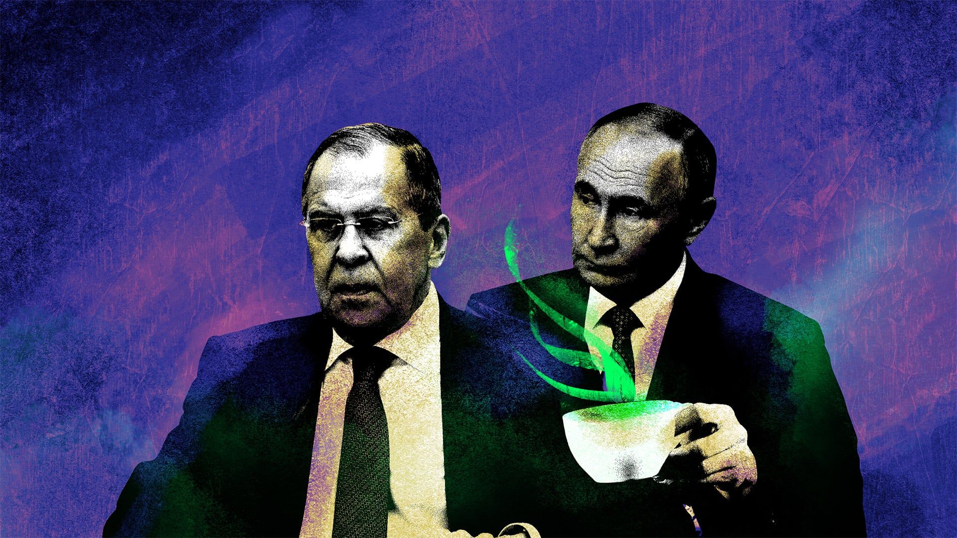 Kolaż przedstawia zdjęcie Siergieja Ławrowa na pierwszy planie, na drugim planie zdjęcie Władimira Putina patrzącego się w kierunku Ławrowa, podającego kubek z parującym toksycznym oparem napojem.