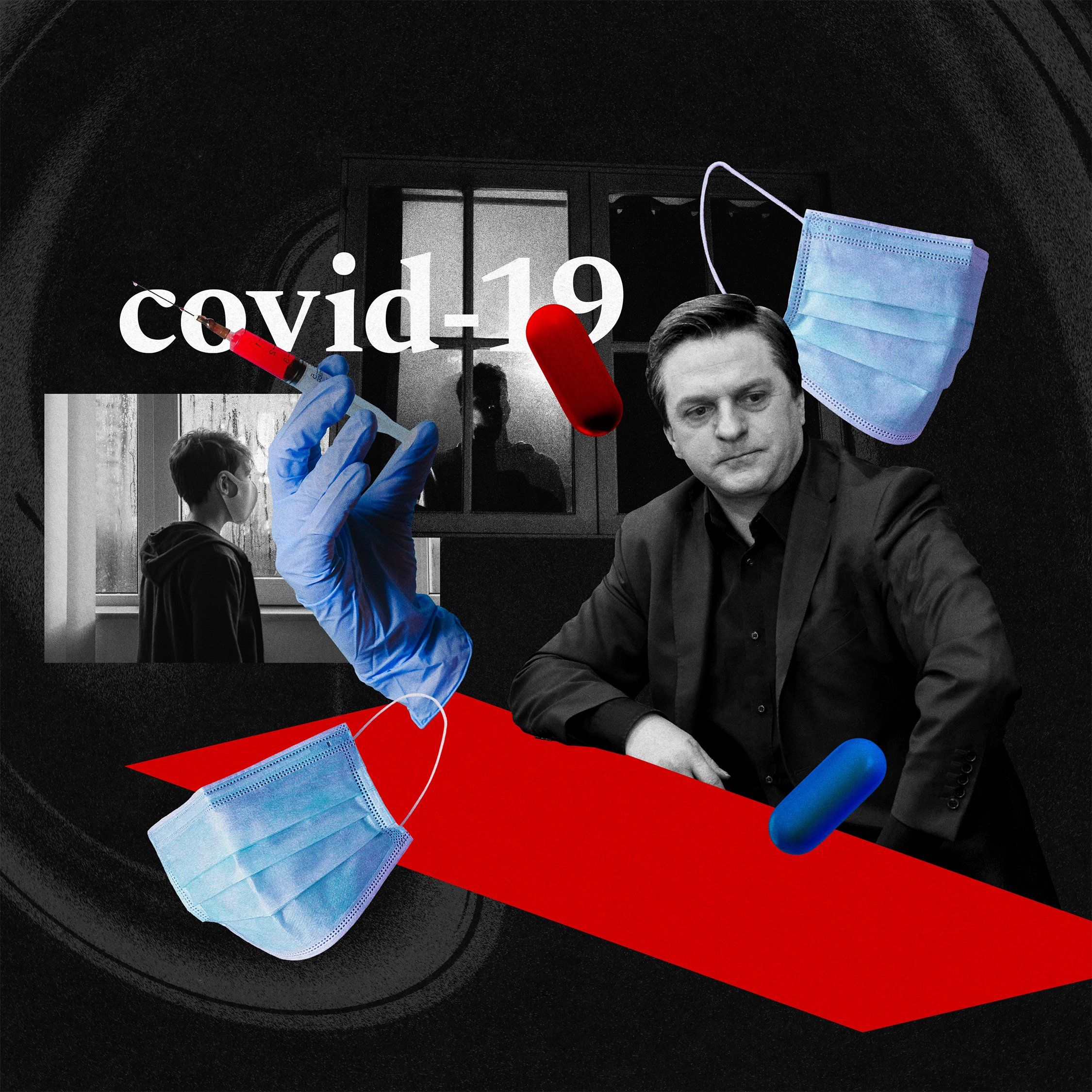 Ilustracja przedstyawia dziennikarza Bogdana Rymanowskiego w studio opierającego sie o czerwony bieżnik, wokół niego wyświetla się napis covid-19 i krążą niebieskie maseczki sanitarne