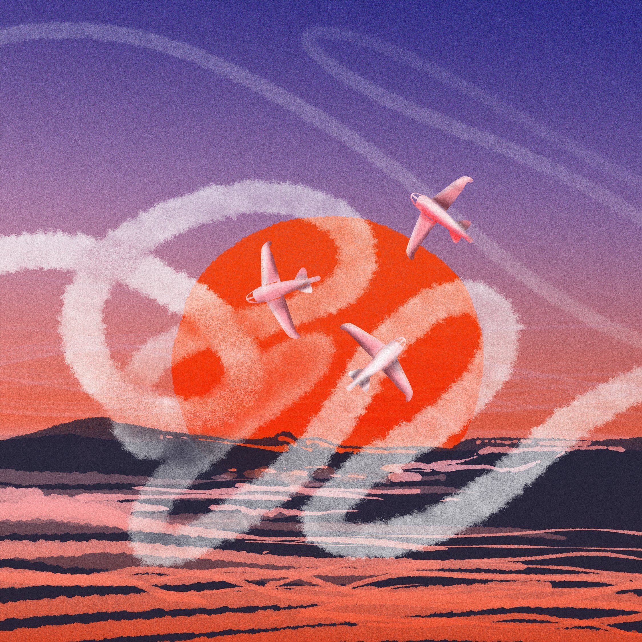 Ilustracja przedstawia pustynny krajobraz nad którym lata samolot zostawiając za sobą biały ślad w esy floresy