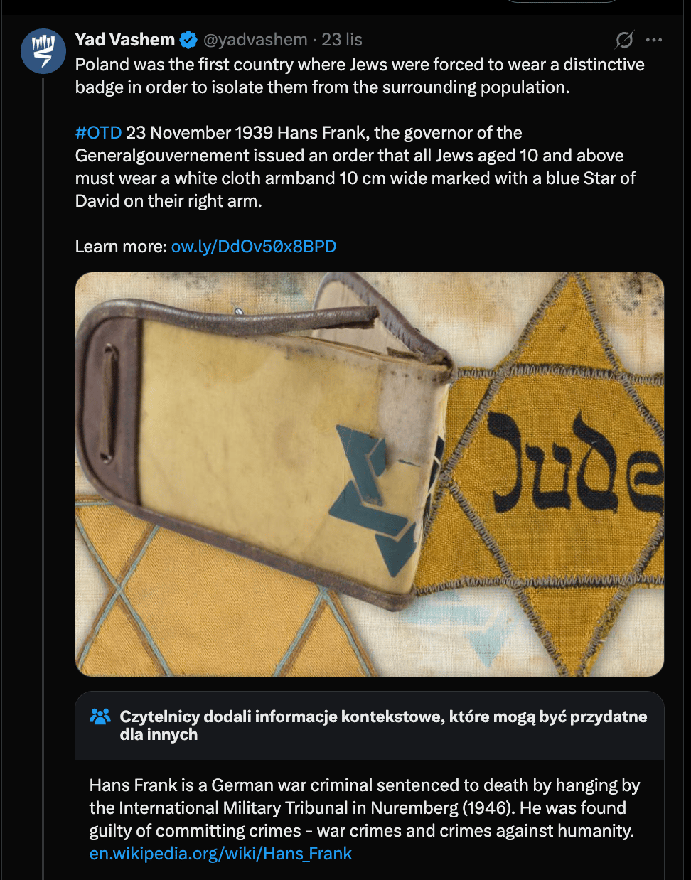 Wpis Yad Vashem na temat wprowadzenia opasek z gwiazdą Dawida z 23 listopada 2025