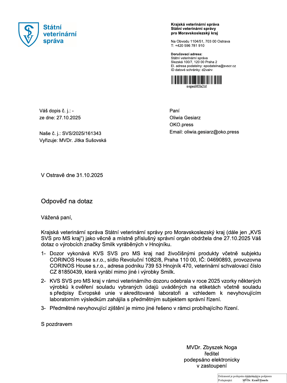 Pierwsza odpowiedź czeskiego inspektoratu weterynaryjnego