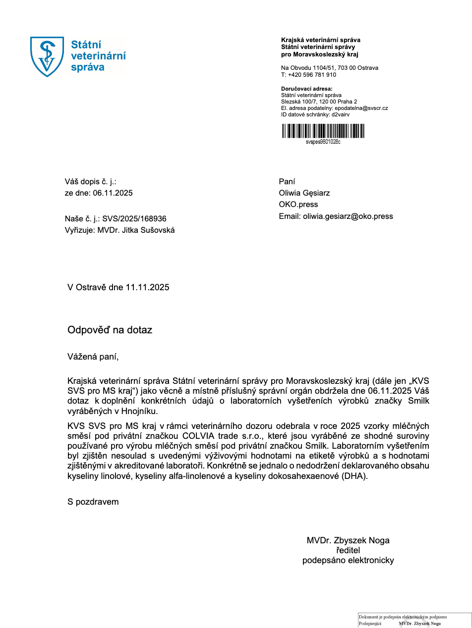 Druga odpowiedź czeskiego inspektoratu weterynaryjnego