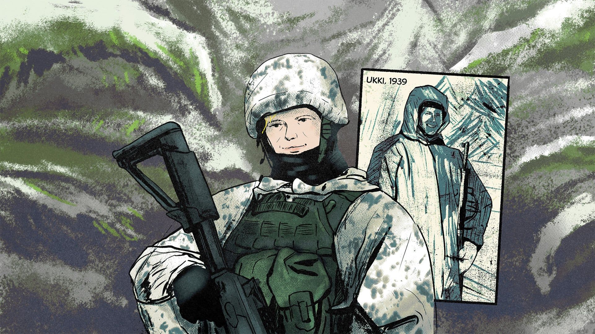Ilustracja – na pierwszym planie postać żołnierki w zimowym mundurze maskującym, kamizelce i z karabinem szturmowym, za nią na drugim planie zdjęcie przedstawiające żołnierza z fińskiej wojny zimowej w 1939 roku, w tle zarysy zimowego lasu.