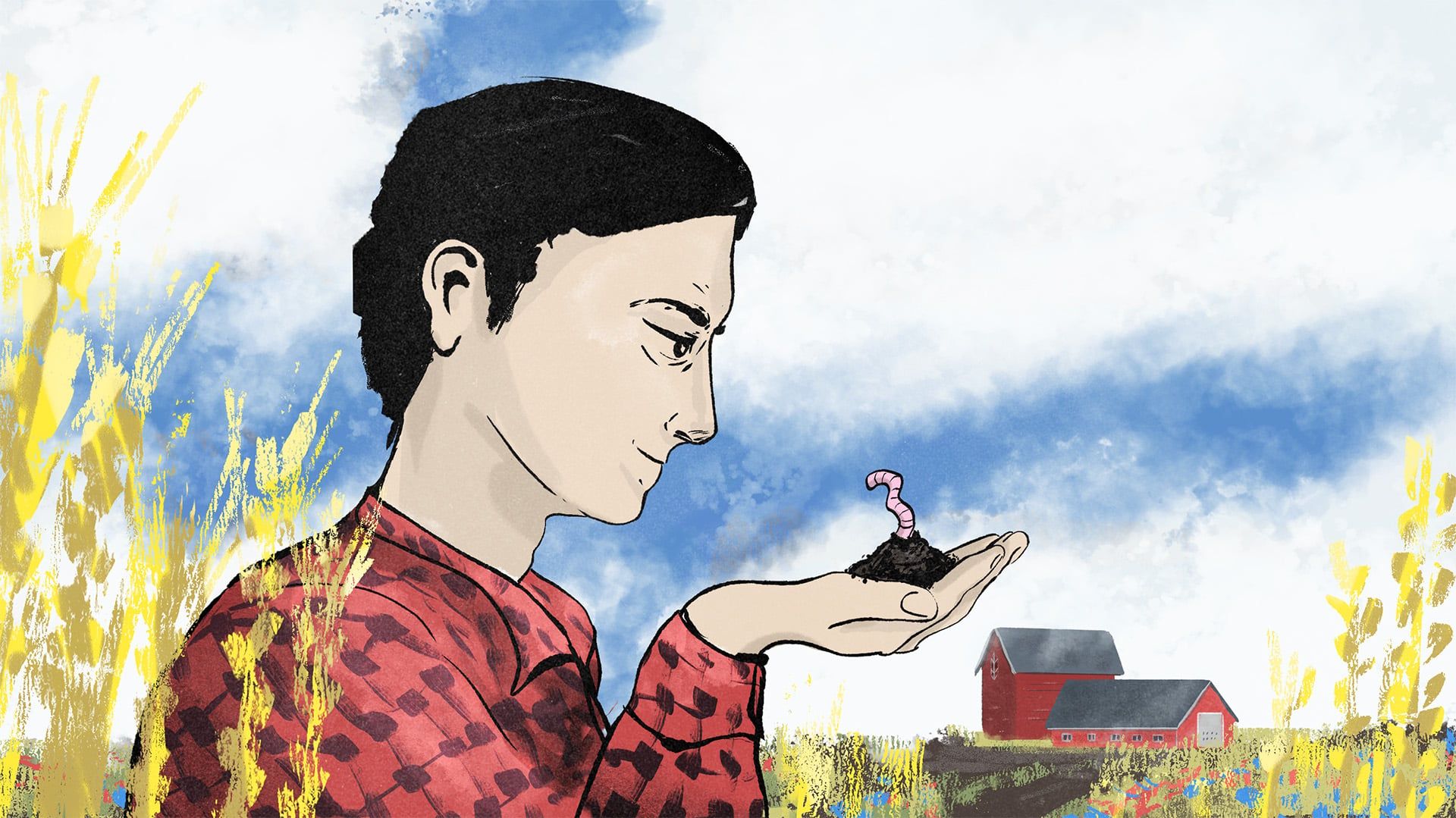 Ilustracja przedstawia osobę we flanelowej koszuli stojącej w polu zboża i kwiatów, patrzącą się na garść ziemi, z której wystaje dżdżownica. Niebo w tle subtelnie układa się w barwy i kształty fińskiej flagi.