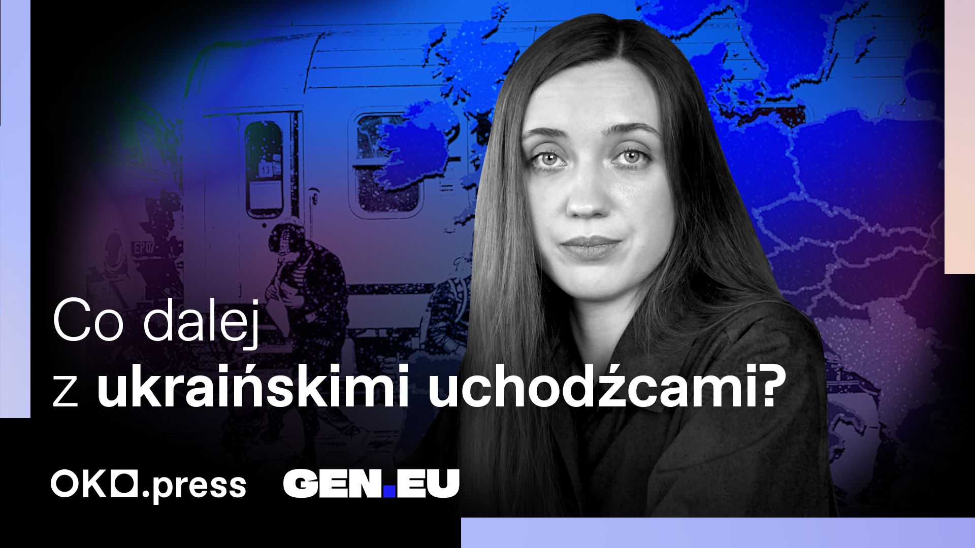 Miniatura explainera. Krystyna Garbicz na tle ilustracji z mapą i uchodźcami przy pociągu.