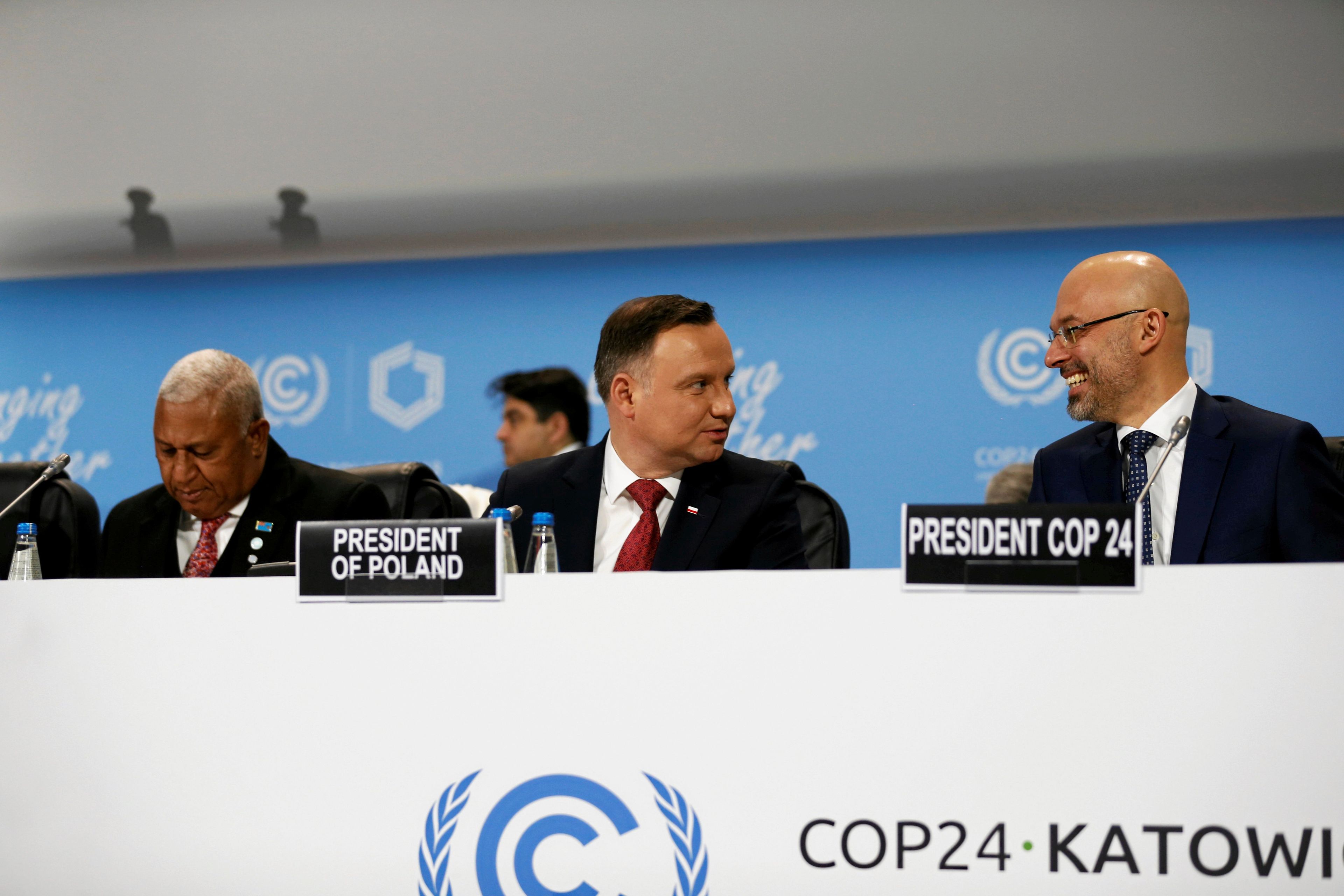 03.12.2018 Katowice . Od lewej : premier Fidzi Frank Bainimarama , prezydent Andrzej Duda i prezydent COP Michal Kurtyka podczas otwarcia szczytu klimatycznego COP 24 . 
Fot. Grzegorz Celejewski / Agencja Gazeta