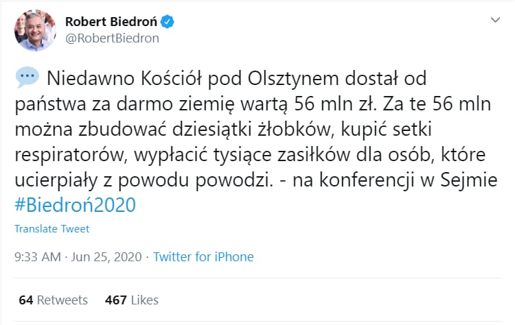 Robert Biedroń wnosi do Sejmu projekt ustawy "Świeckie Państwo". Za przykład nieuzasadnionych przywilejów Kościoła podaje nadużycia warmińskiej archidiecezji i Caritas opisane przez OKO.press.