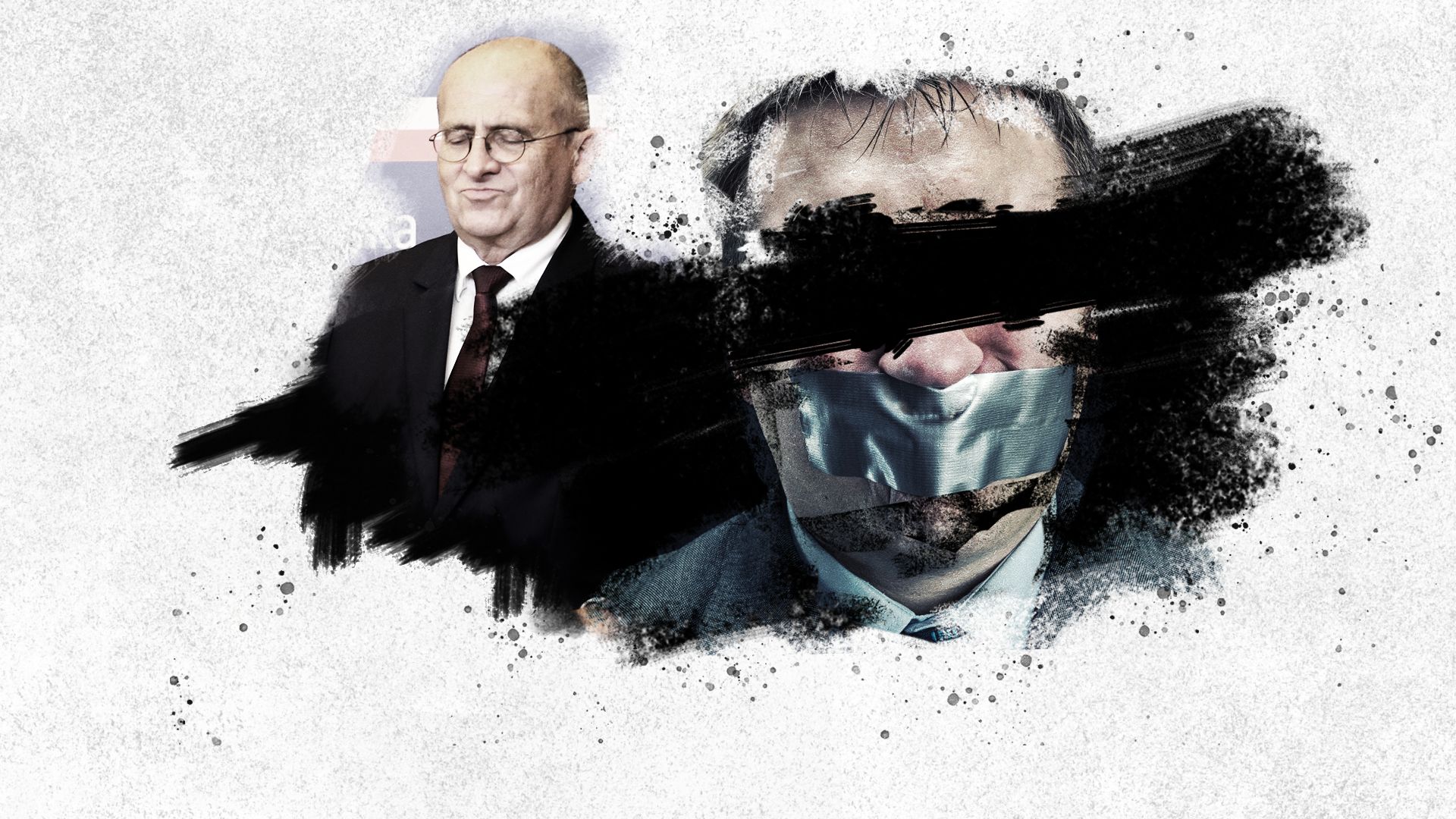 Mężczyzna z ustami zaklejonymi taśmą, w tle minister spraw zagranicznych Zbigniew Rau