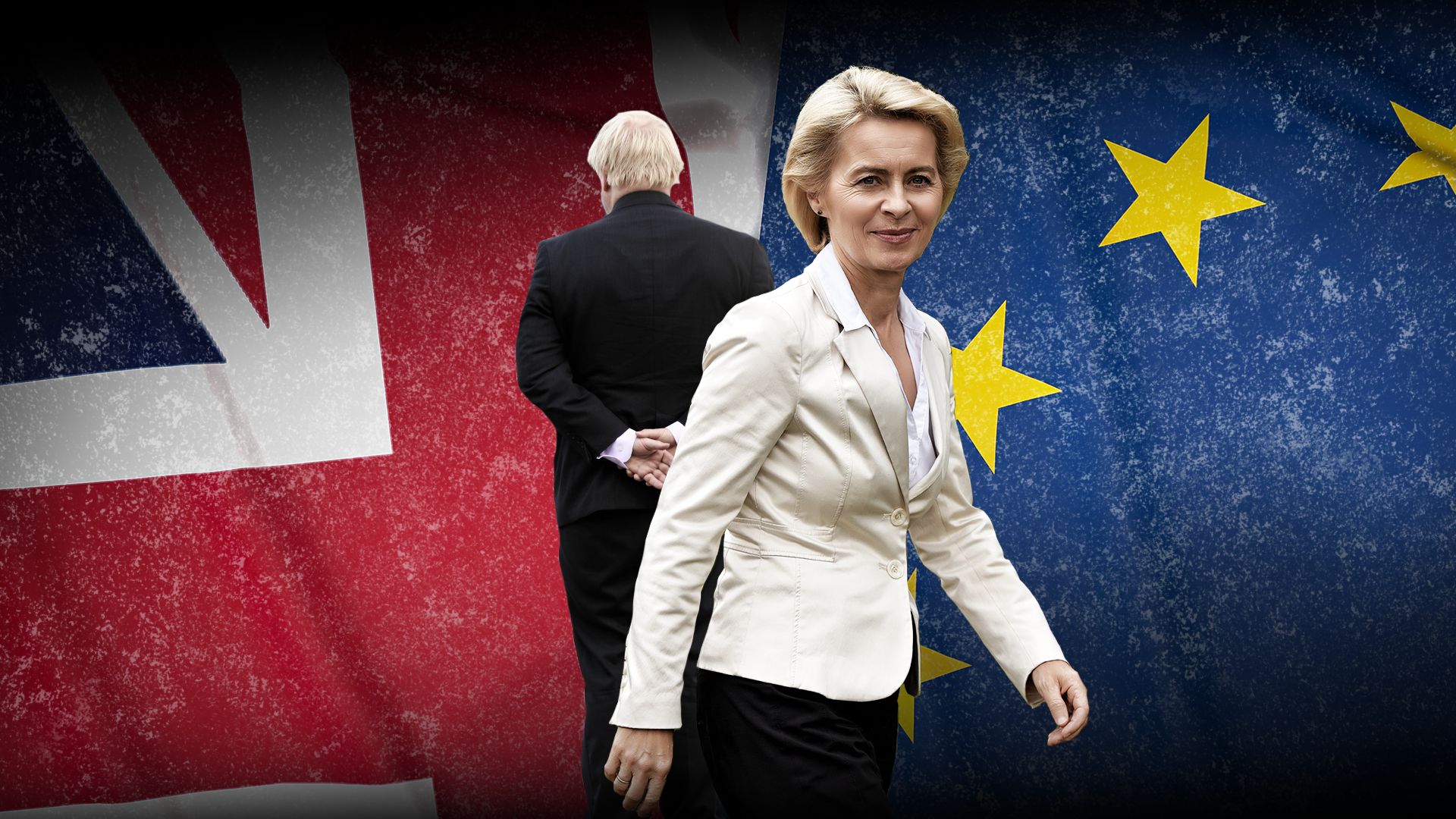 Boris Johnson stojący tyłem i Ursula von der Leyen, na tle flag: brytyjskiej i unijnej